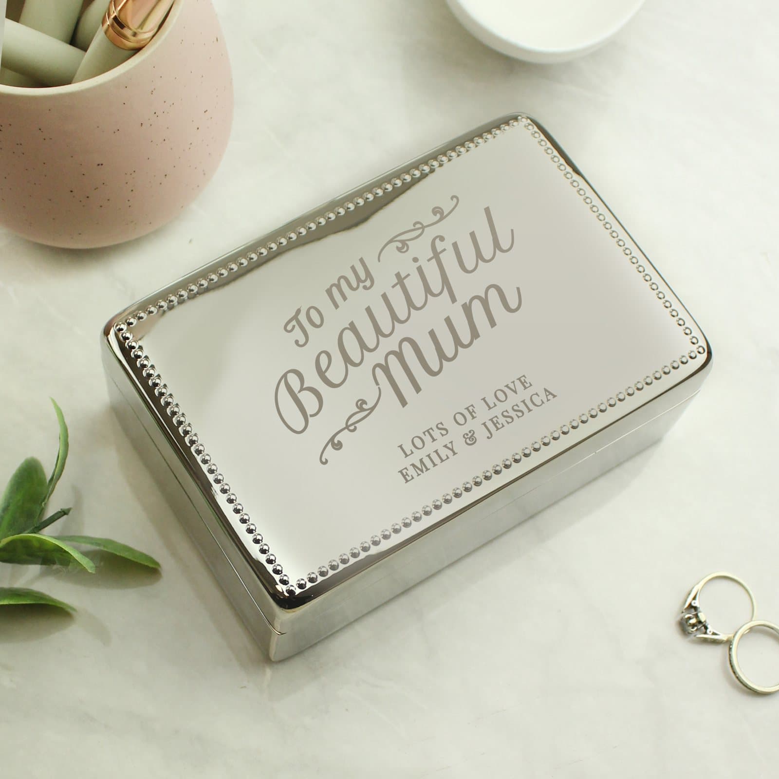 Rectangular nickel plated mum jewellery box with personalised message on the front