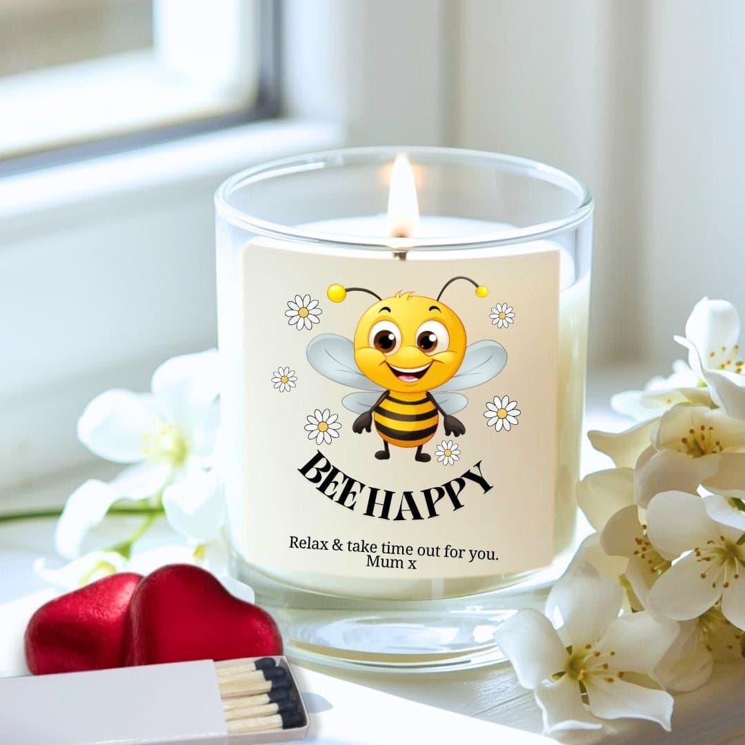 Bee Happy personalised candle gift set with red foil chocolate hearts and matches