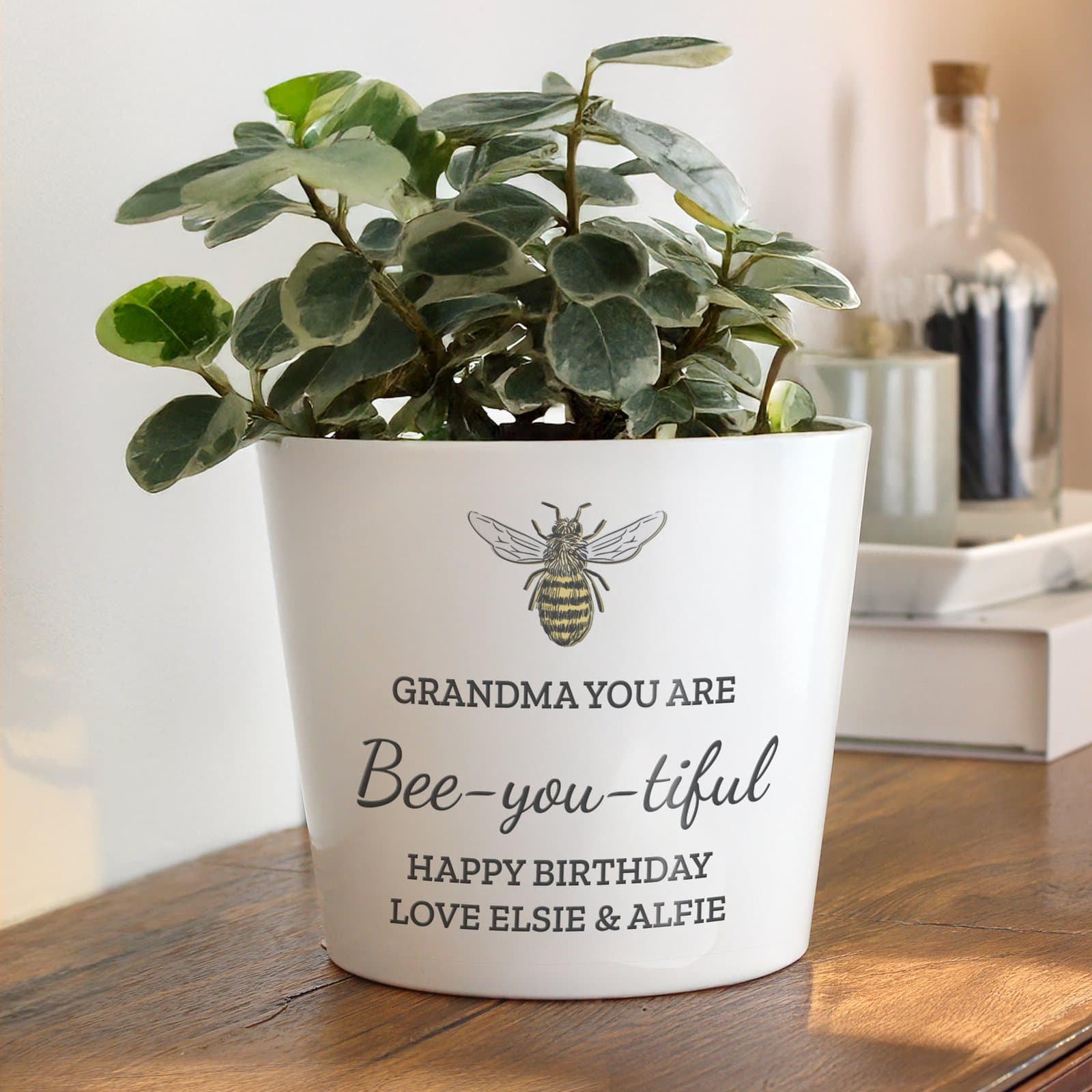 Personalised ceramic bee plant pot with four lines of text