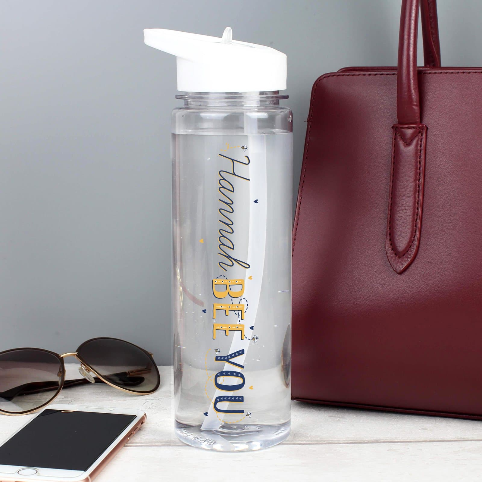 Personalised Bee You water bottle with white lid and straw