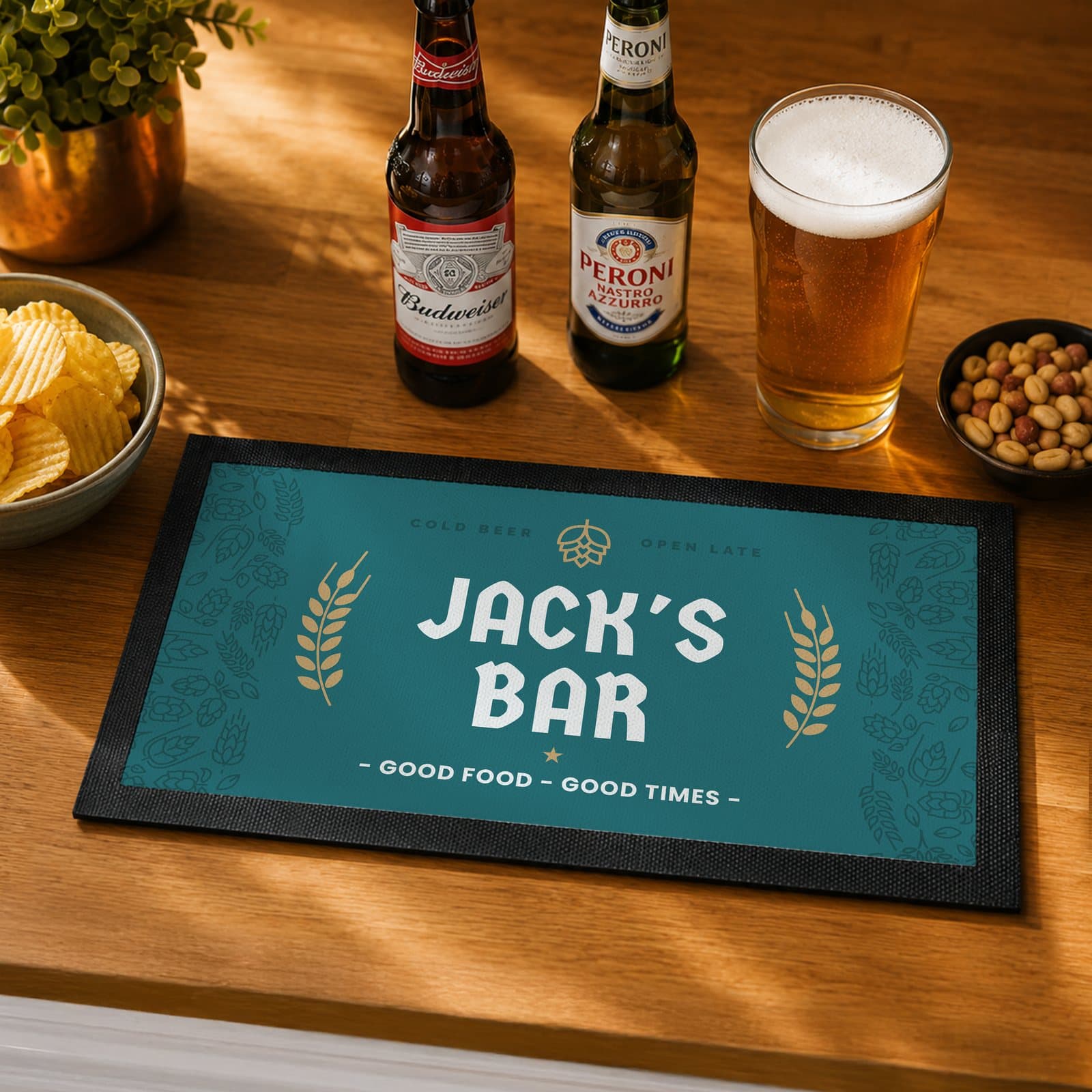Personalised beer bar mat with three lines of text