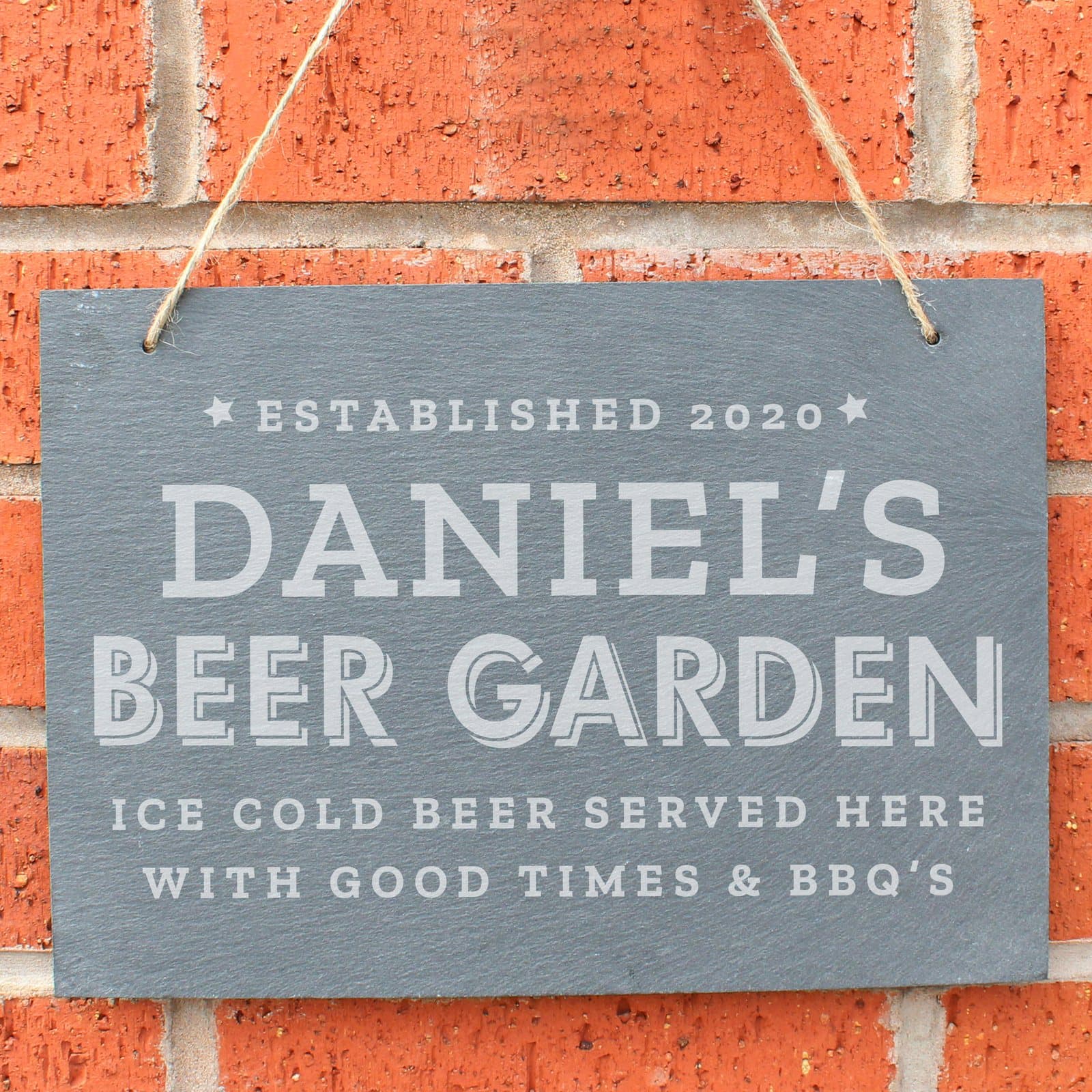 Large hanging slate sign on natural string