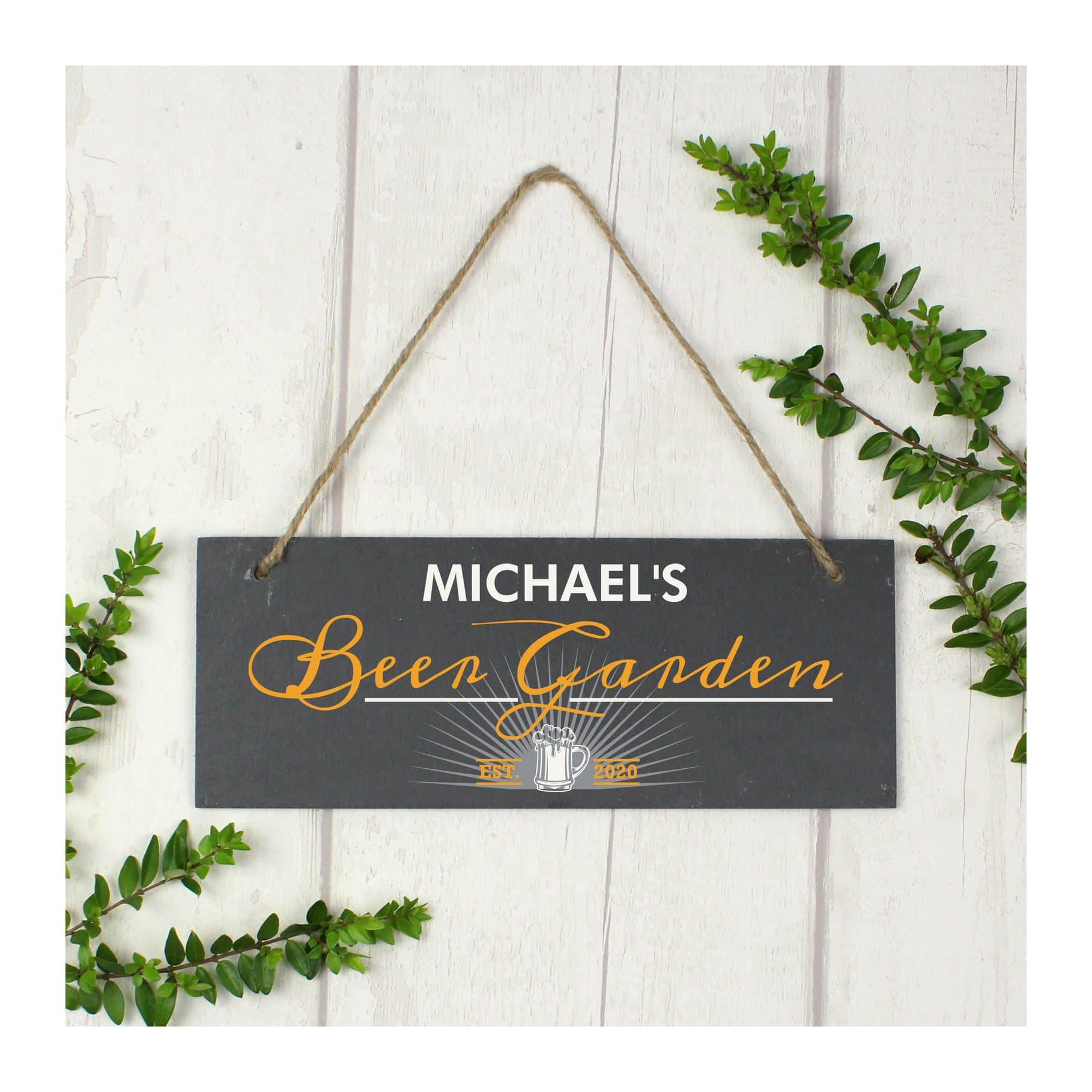 Hanging slate plaque printed with Beer Garden, a name and a year