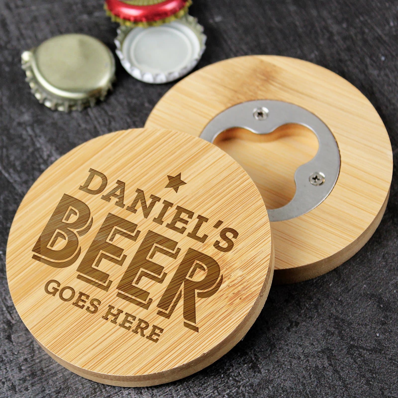 Bamboo coaster with Beer goes here text, a name and built-in bottle opener