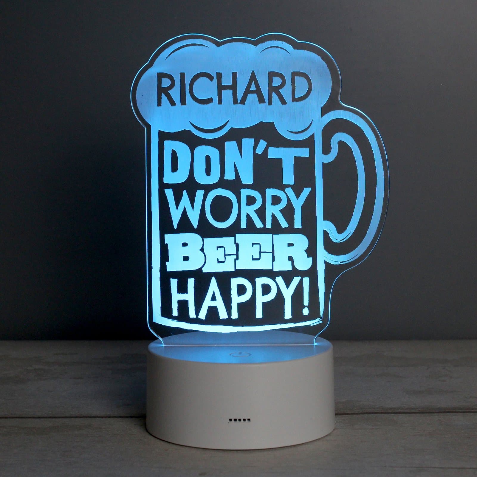 LED colour changing light with an acrylic beer design and a name