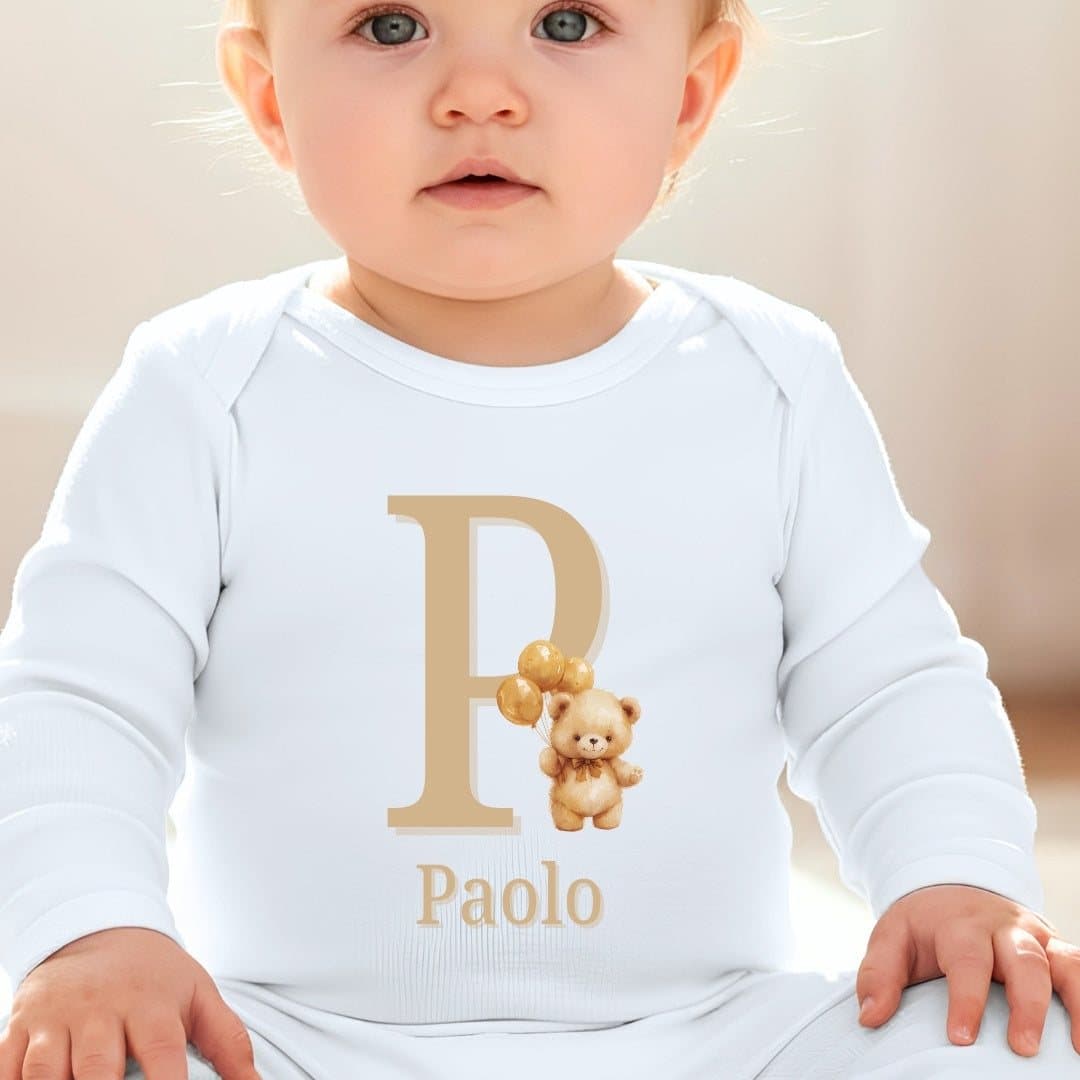 Beige Bear personalised baby grow with a golden teddy bear design
