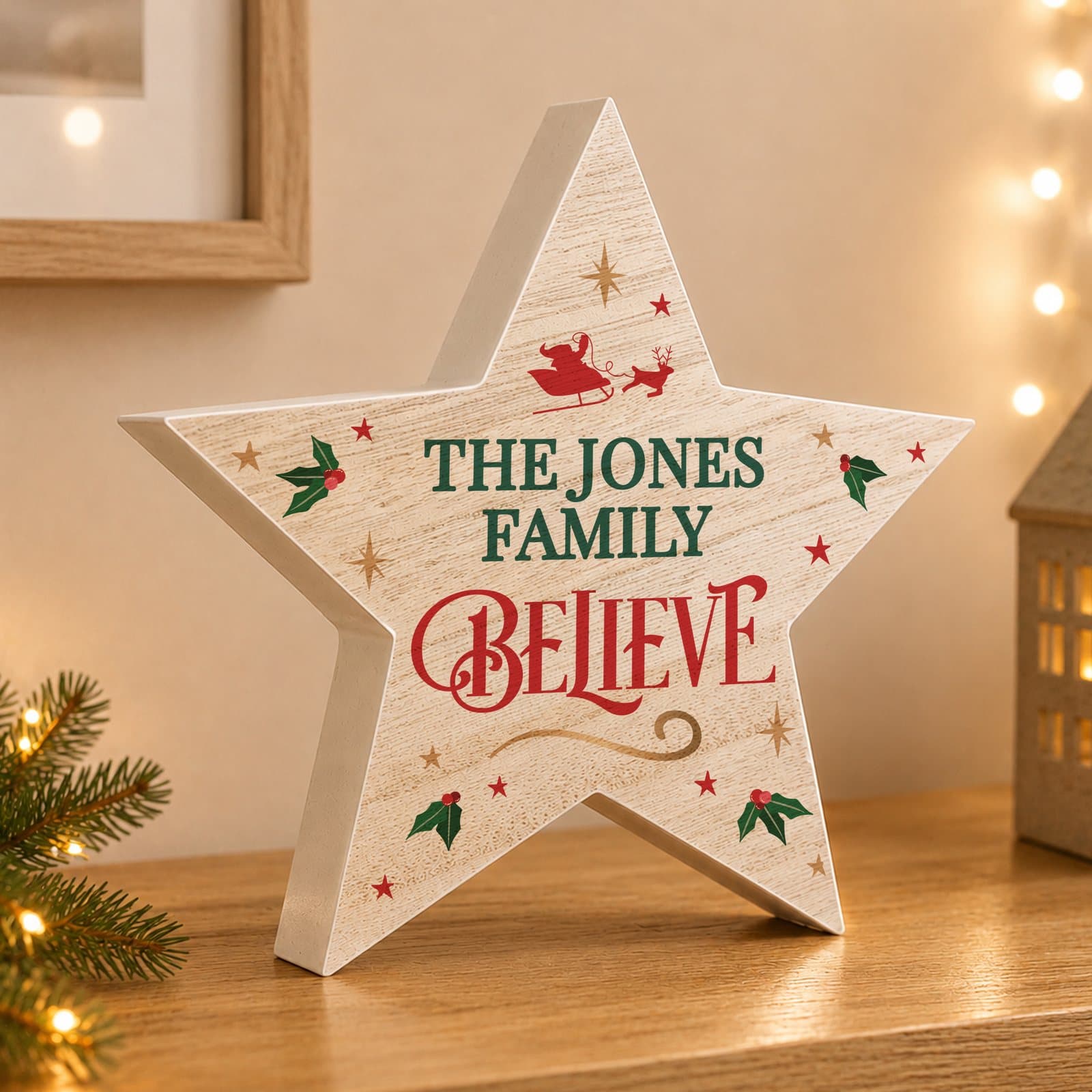 Wooden star ornament with BELIEVE text and two personalised lines