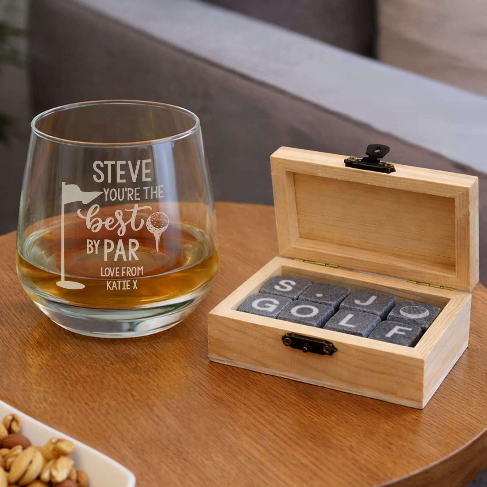 Personalised Best by Par whisky glass with whisky stones
