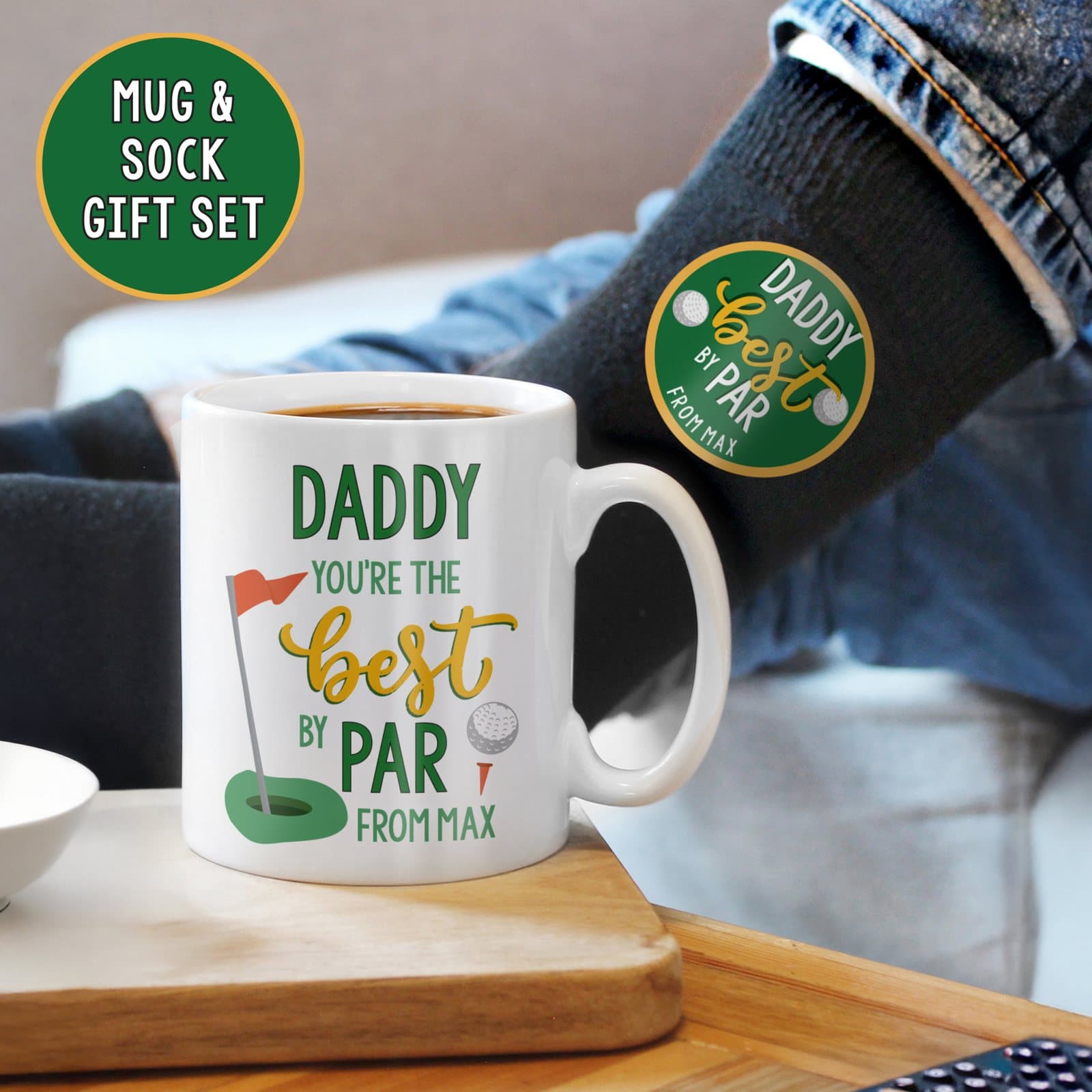 Golf themed ceramic mug and matching black socks with a personalised name