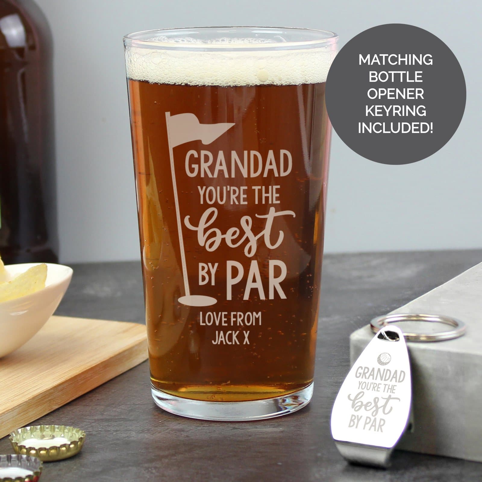 Best by Par pint glass with matching metal bottle opener keyring