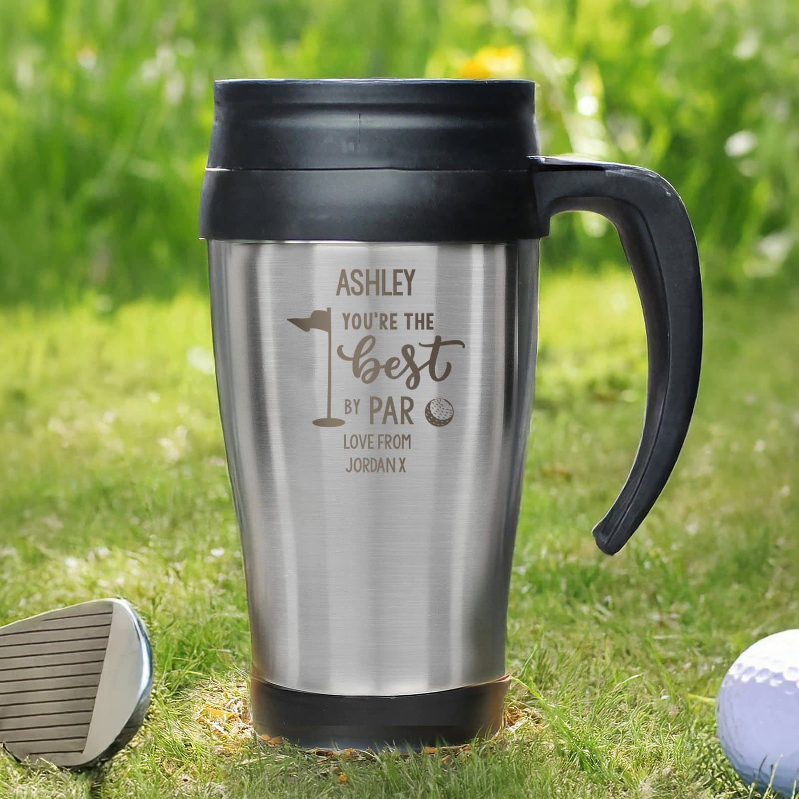 Golf themed travel mug with sliding sip cover and personalised text