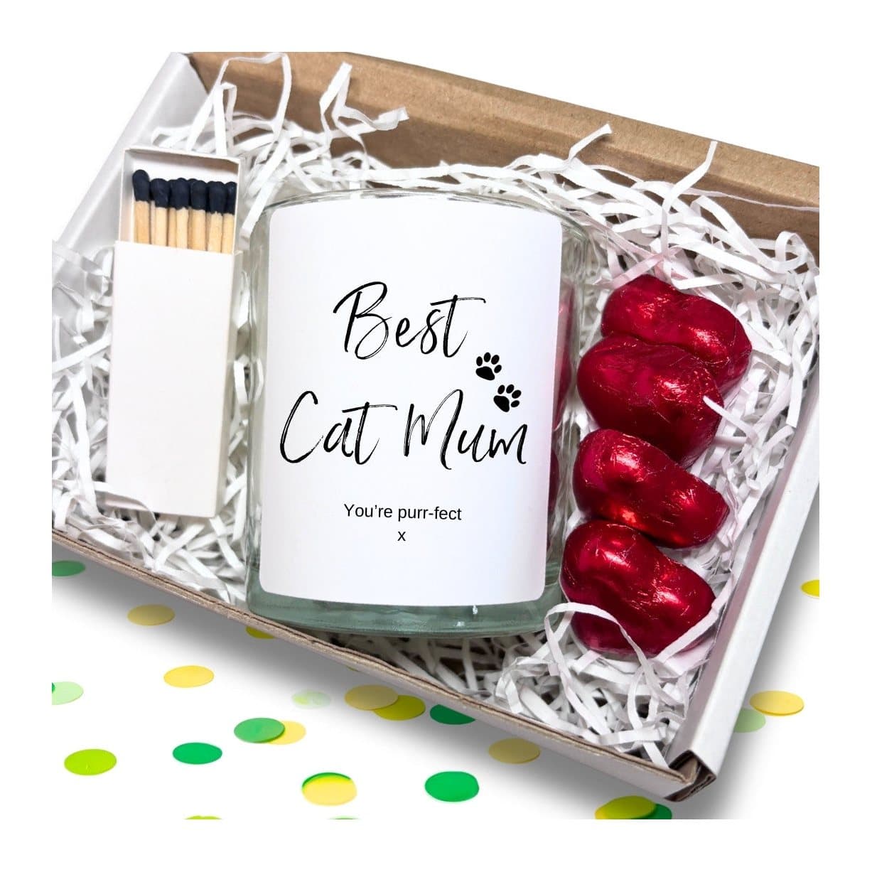 Best Cat Mum candle gift set with red foiled chocolate hearts and matches