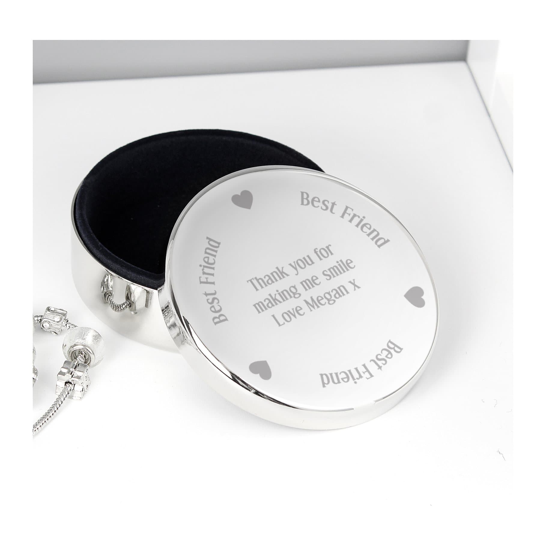 Round nickel plated best friend trinket box with personalised message
