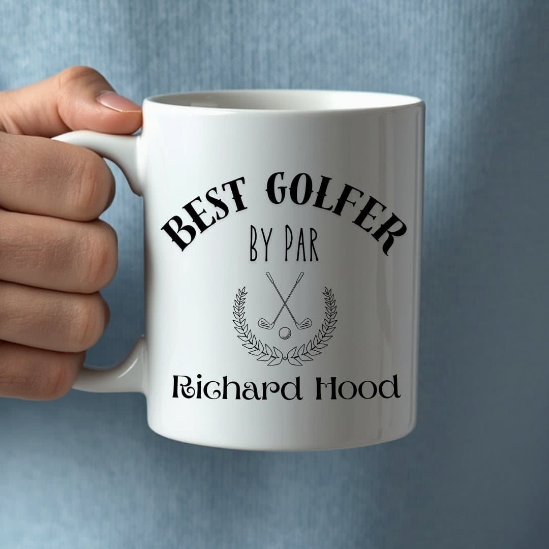 Personalised Best Golfer by Par ceramic mug with a Dad golf design