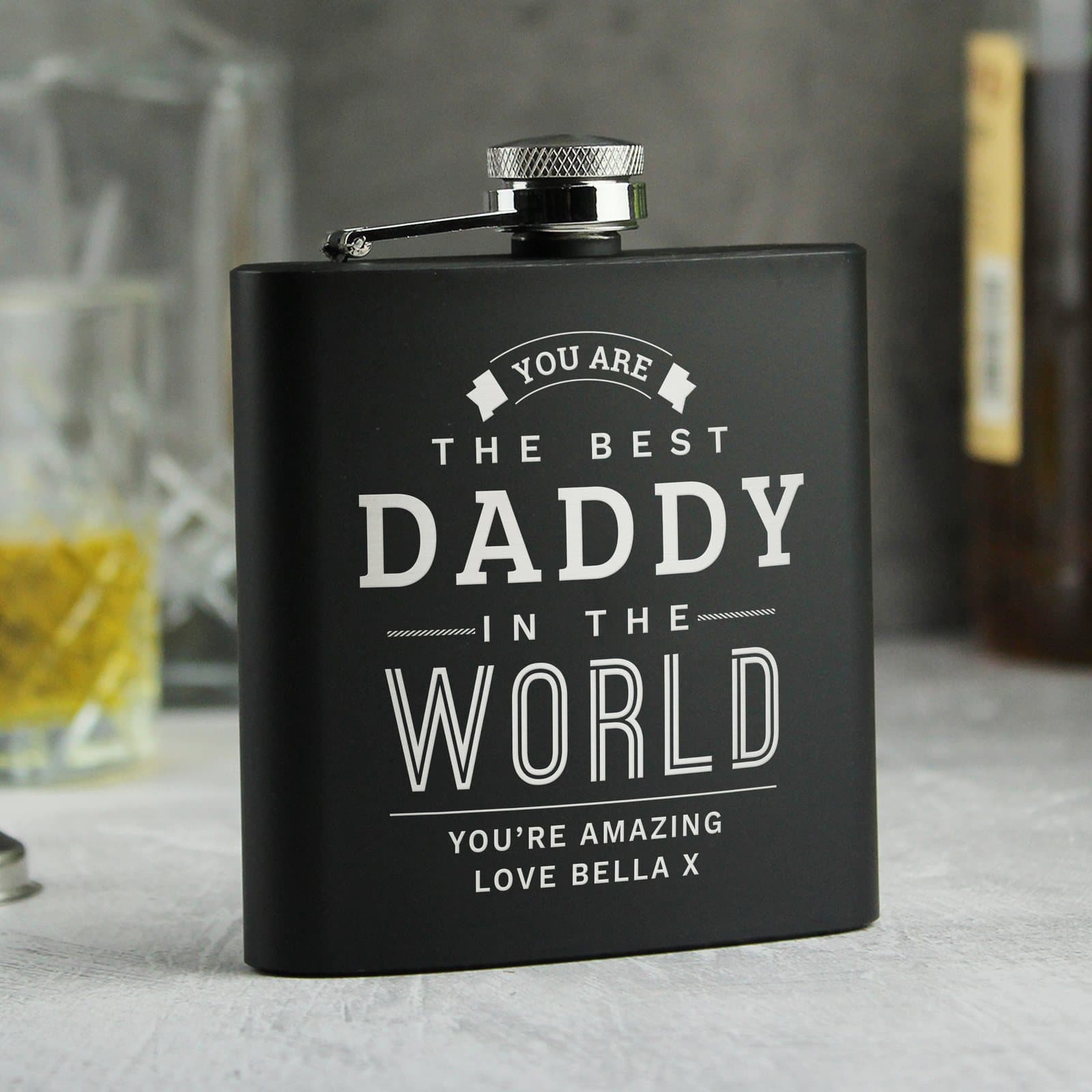 Personalised black stainless steel hip flask with presentation box