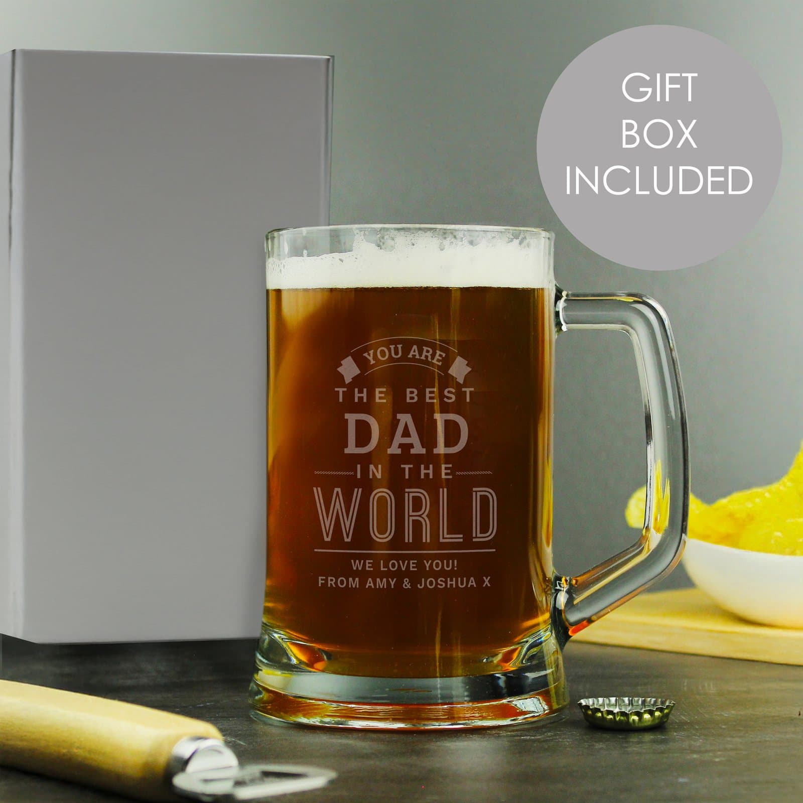 Glass pint stern tankard with Best in the World wording and personalised lines