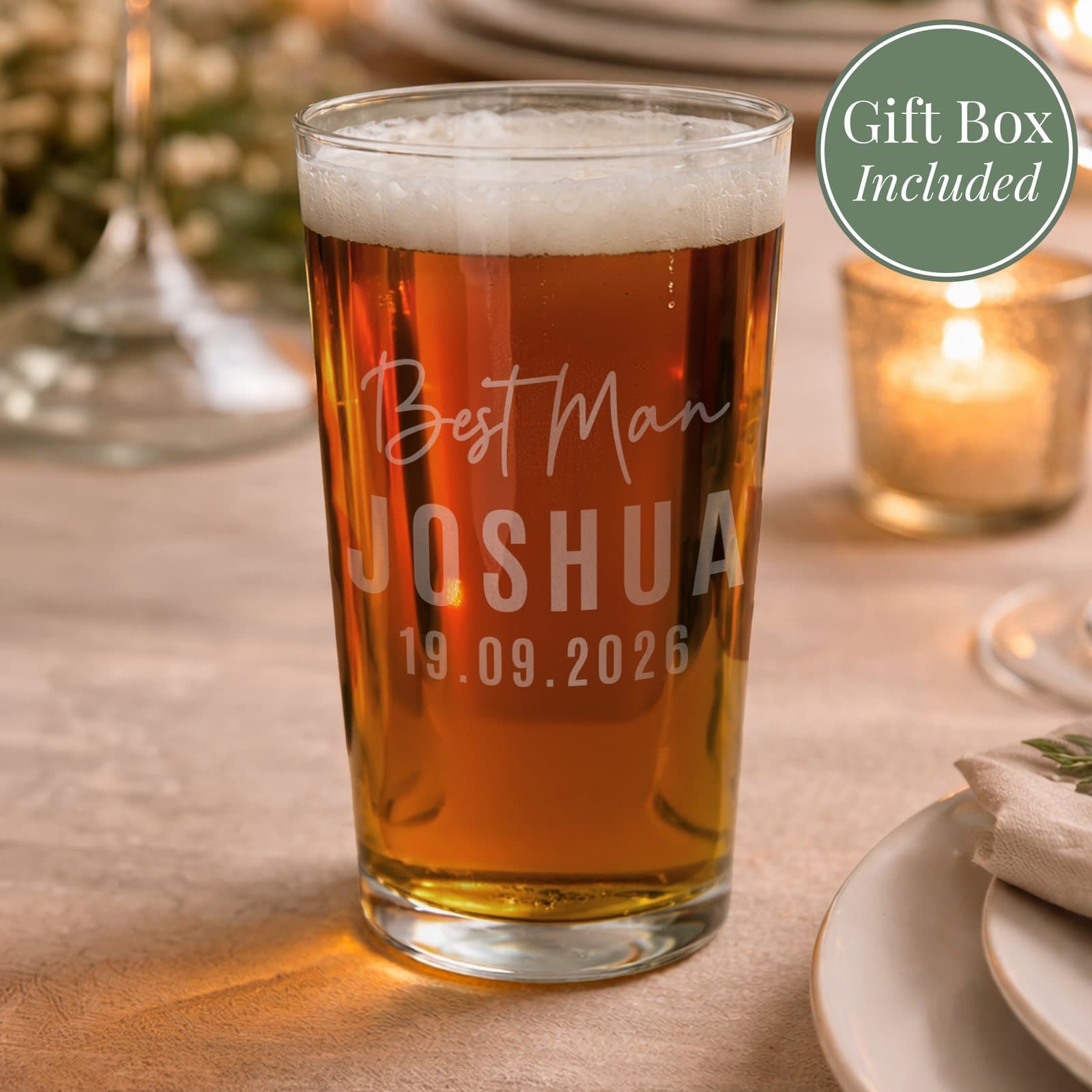 Personalised best man elegant pint glass with two lines of text