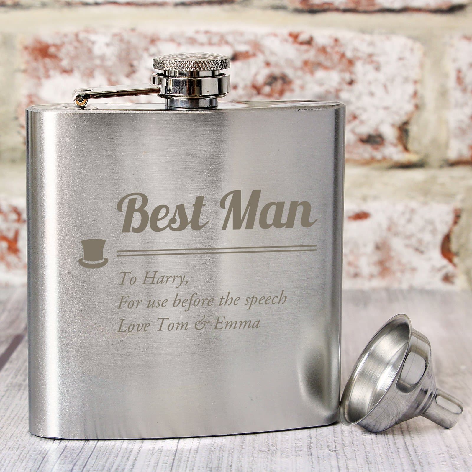 Stainless steel hip flask with Best Man wording and a personalised message