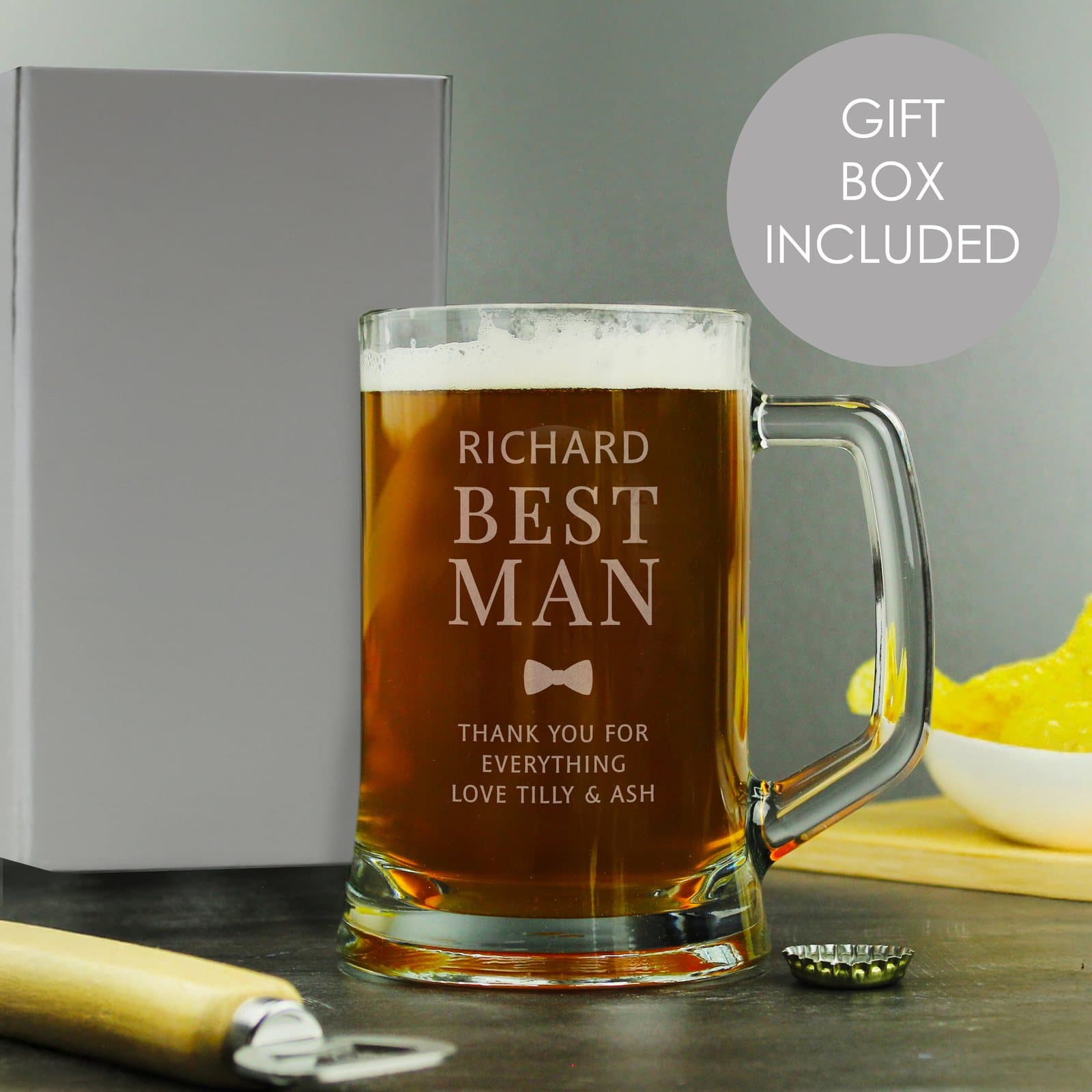 Glass pint stern tankard with Best Man wording and a personalised name and message