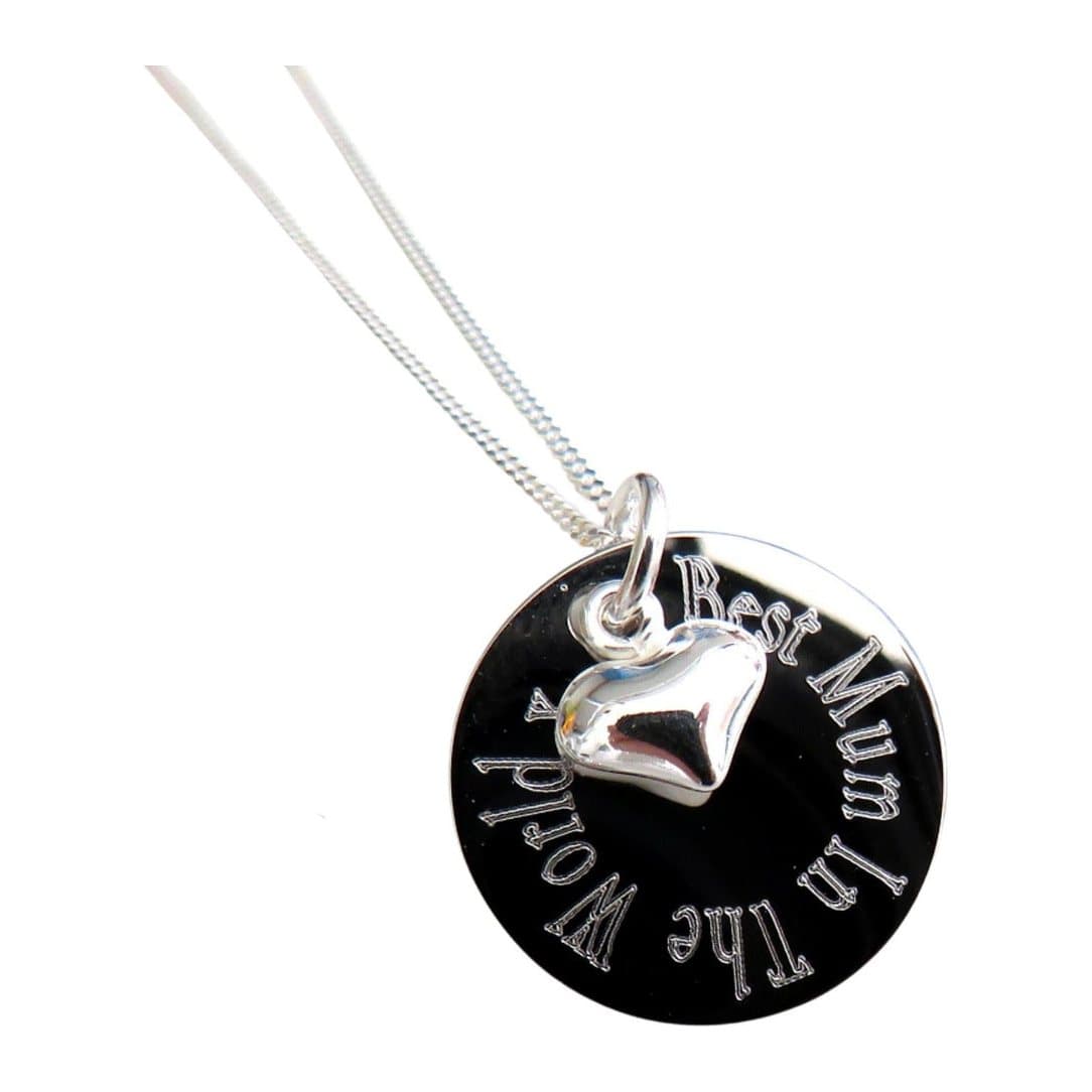 Silver heart charm necklace with a round engraved disc on a sterling silver chain