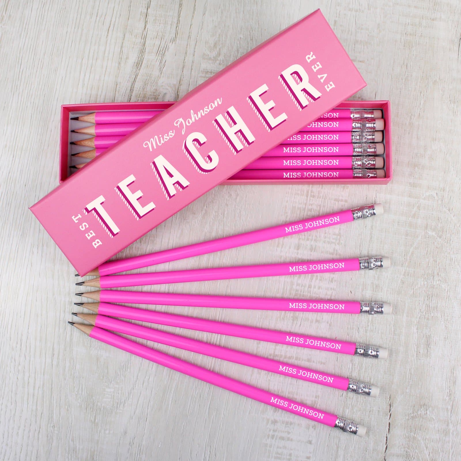 Pencil box with Best Teacher Ever text and 12 HB pencils in pink or blue