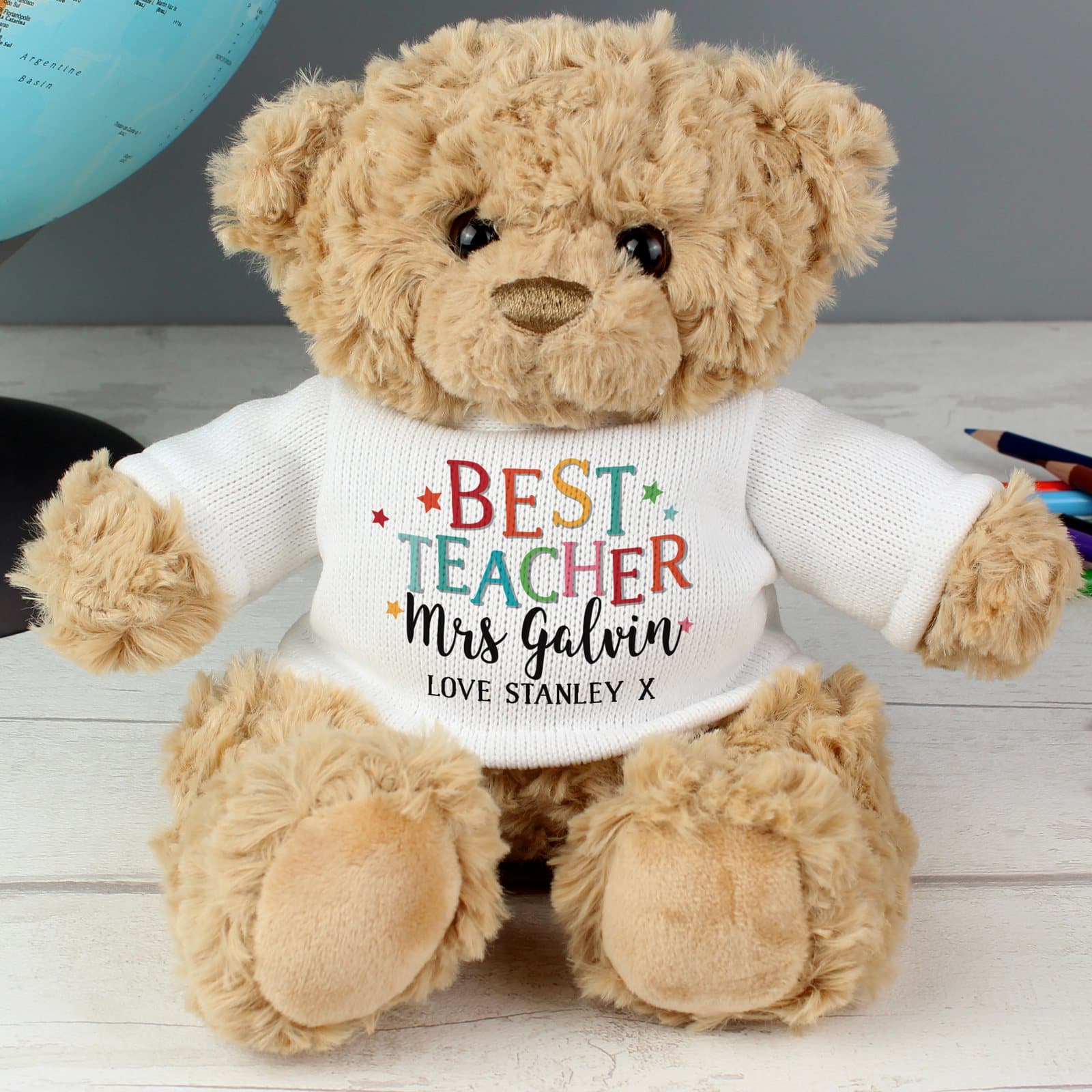 Plush teddy bear personalised with Best Teacher text, a teacher's name and a message