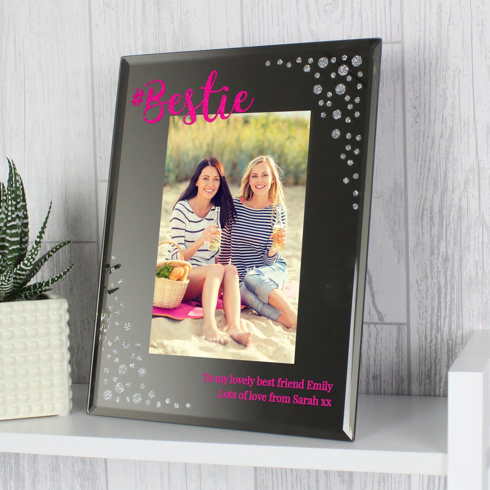 Portrait diamante glass photo frame with a mirrored effect and a stand