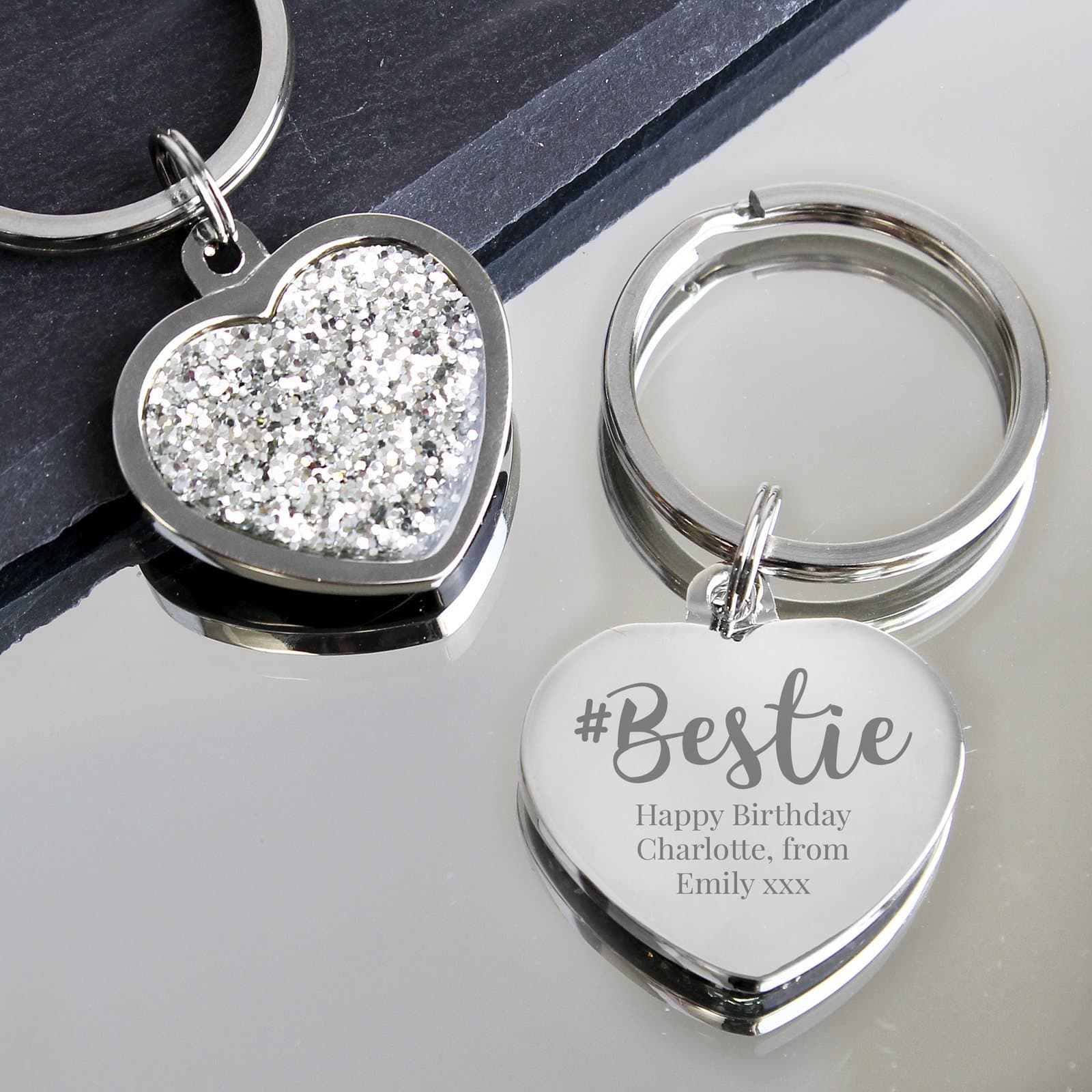 Silver finish heart keyring covered in diamantes on the front