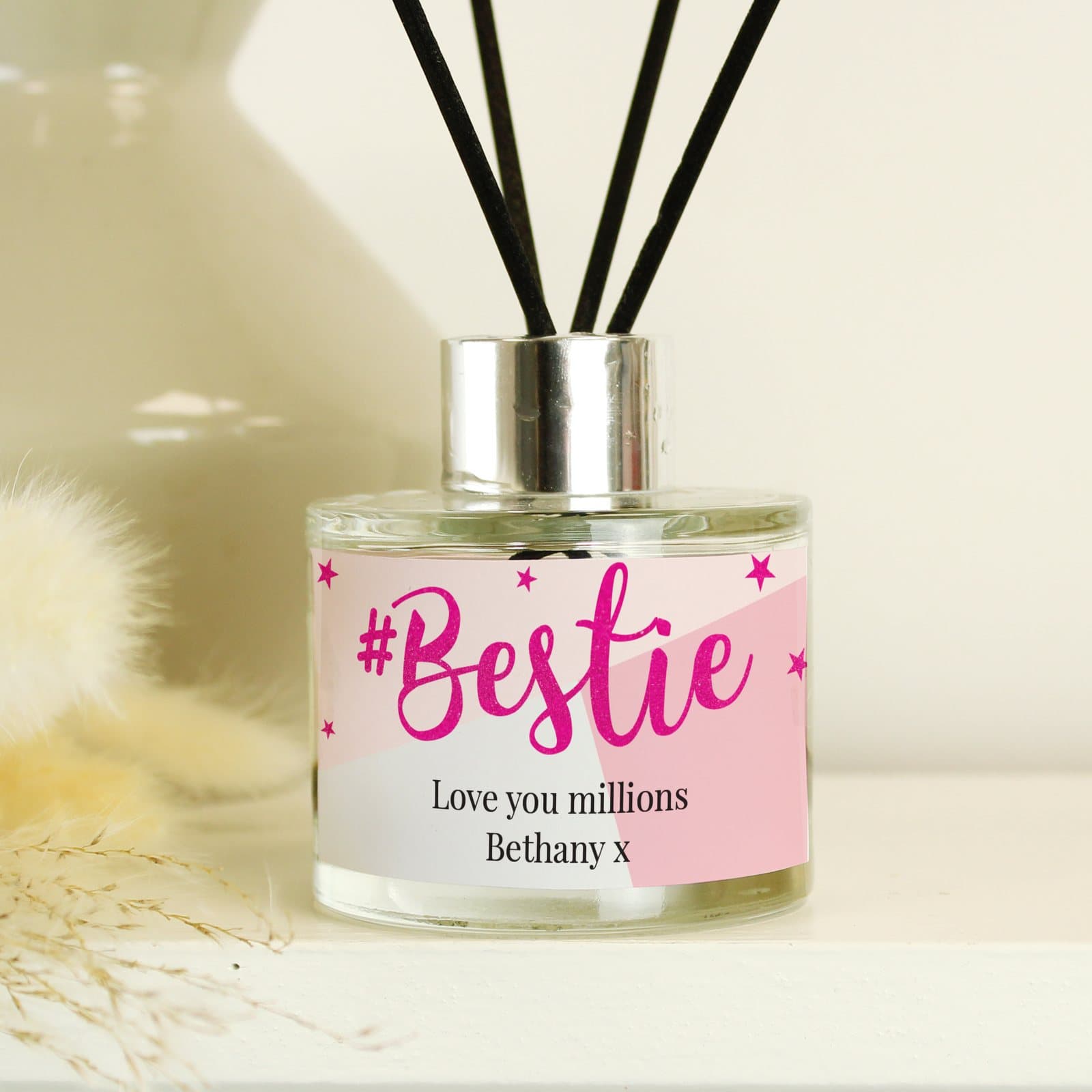 Personalised glass reed diffuser with #Bestie and two lines of text