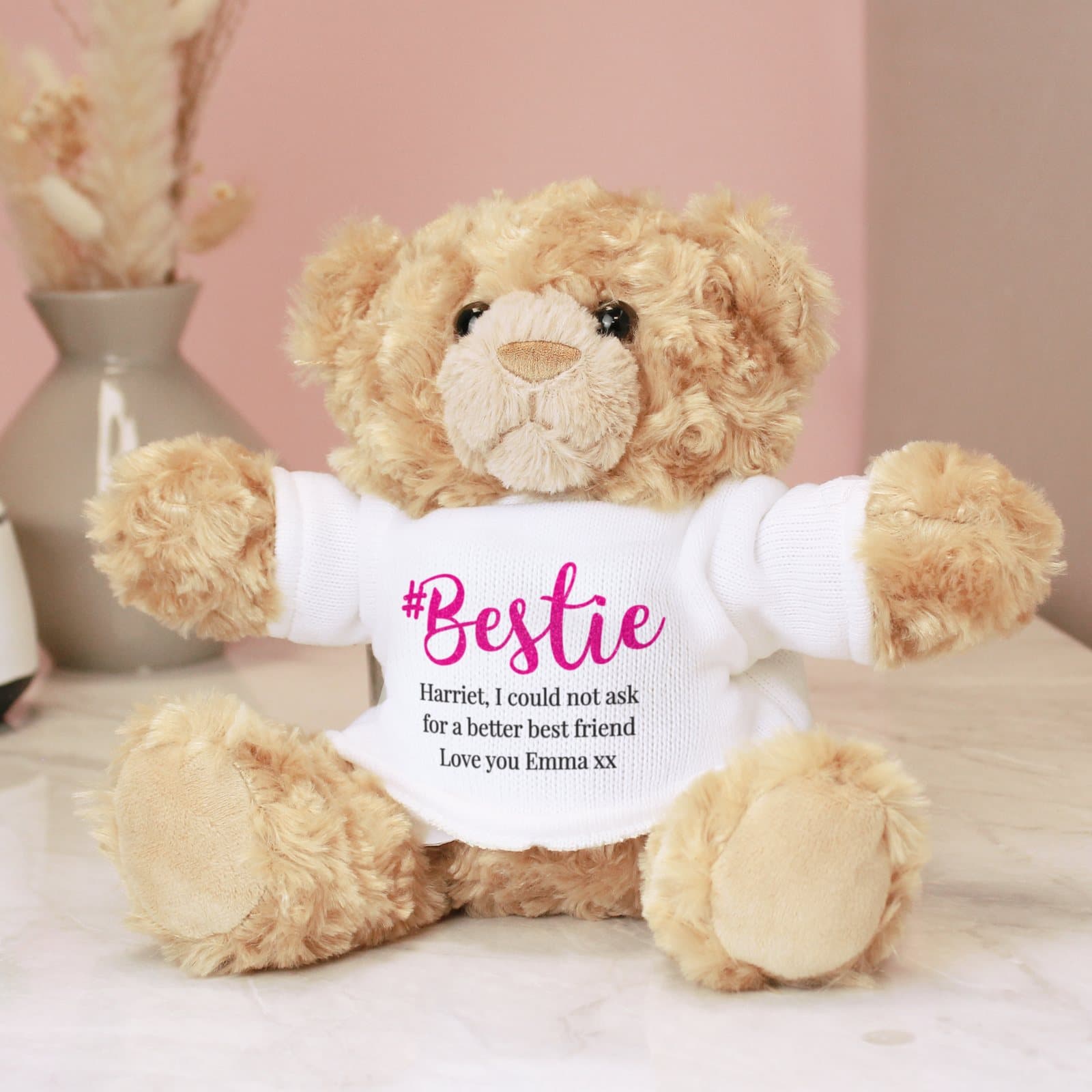 Plush teddy bear in a #Bestie T-shirt with a personalised message