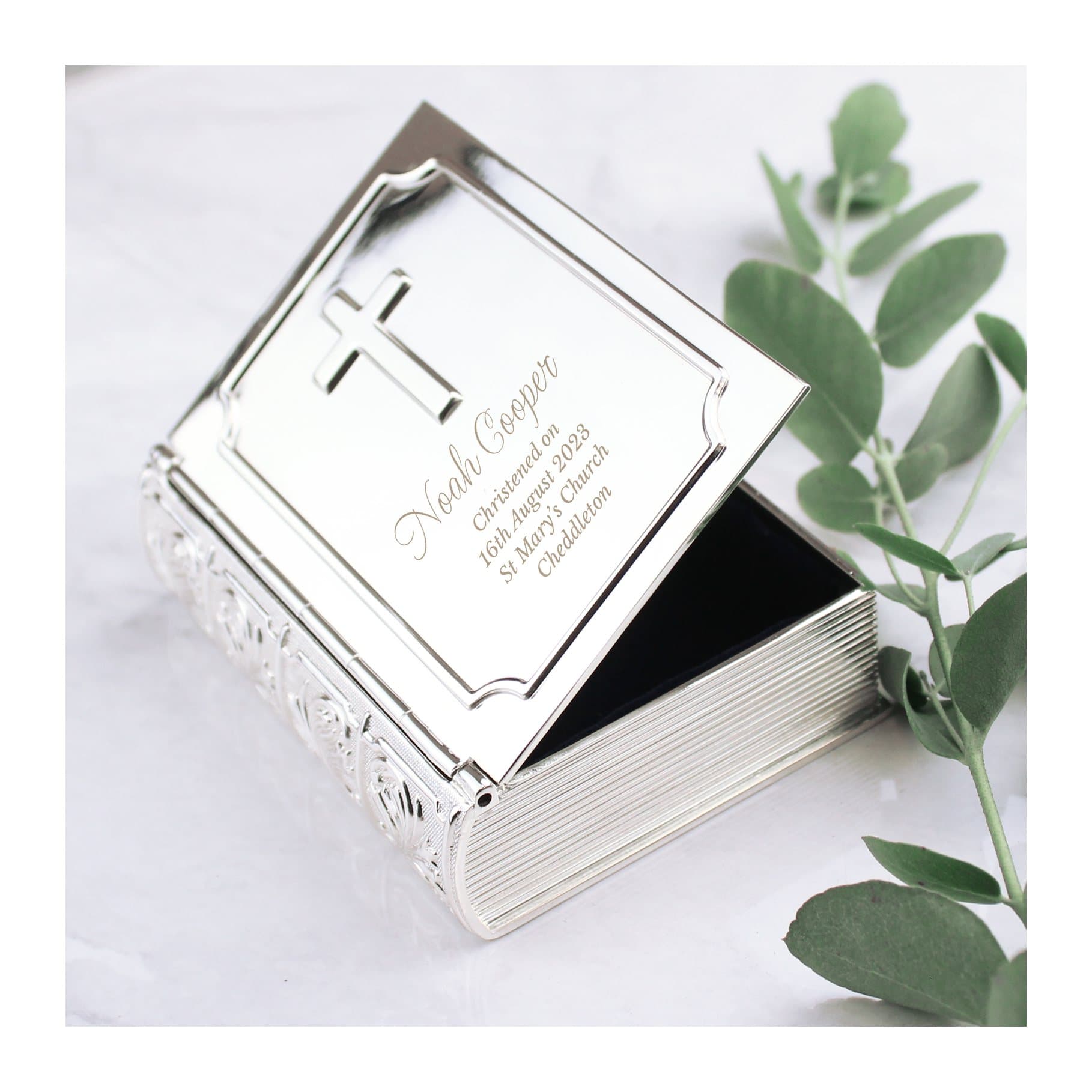 Silver finish bible trinket box with a personalised message