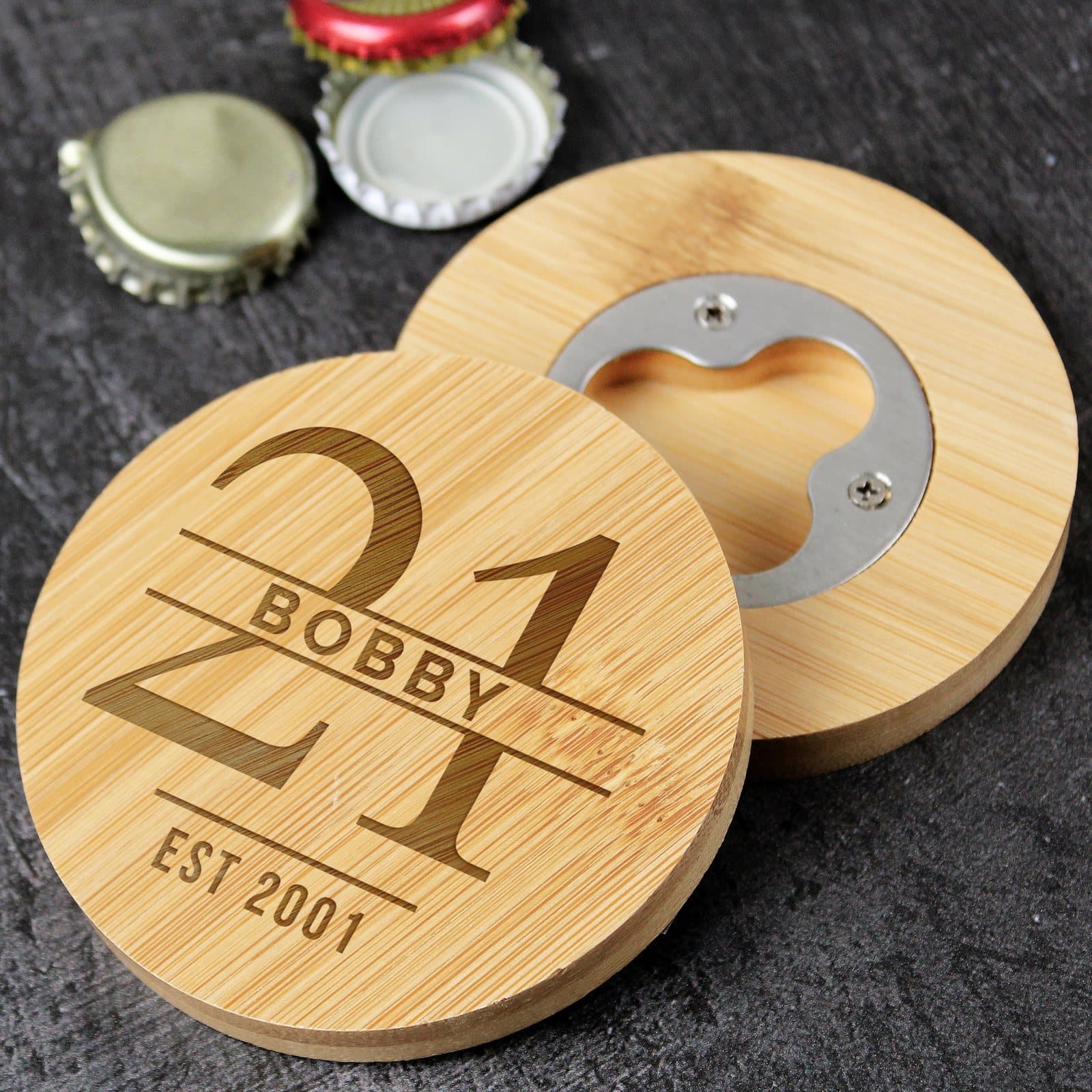 Bamboo coaster with bottle opener and personalised name and age