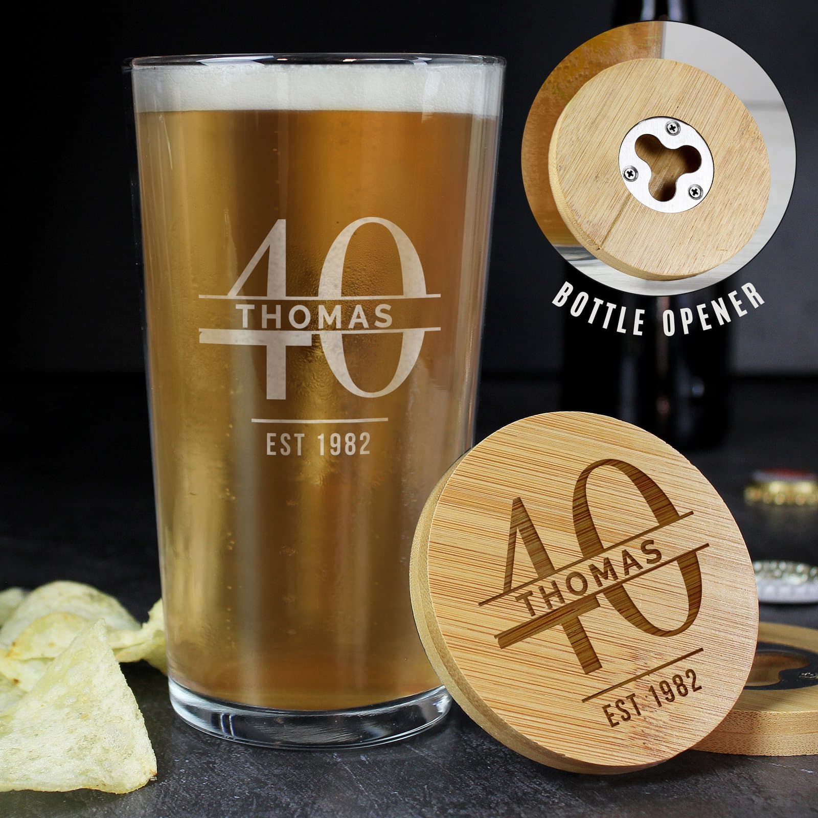 Personalised bamboo bottle opener coaster and pint glass set