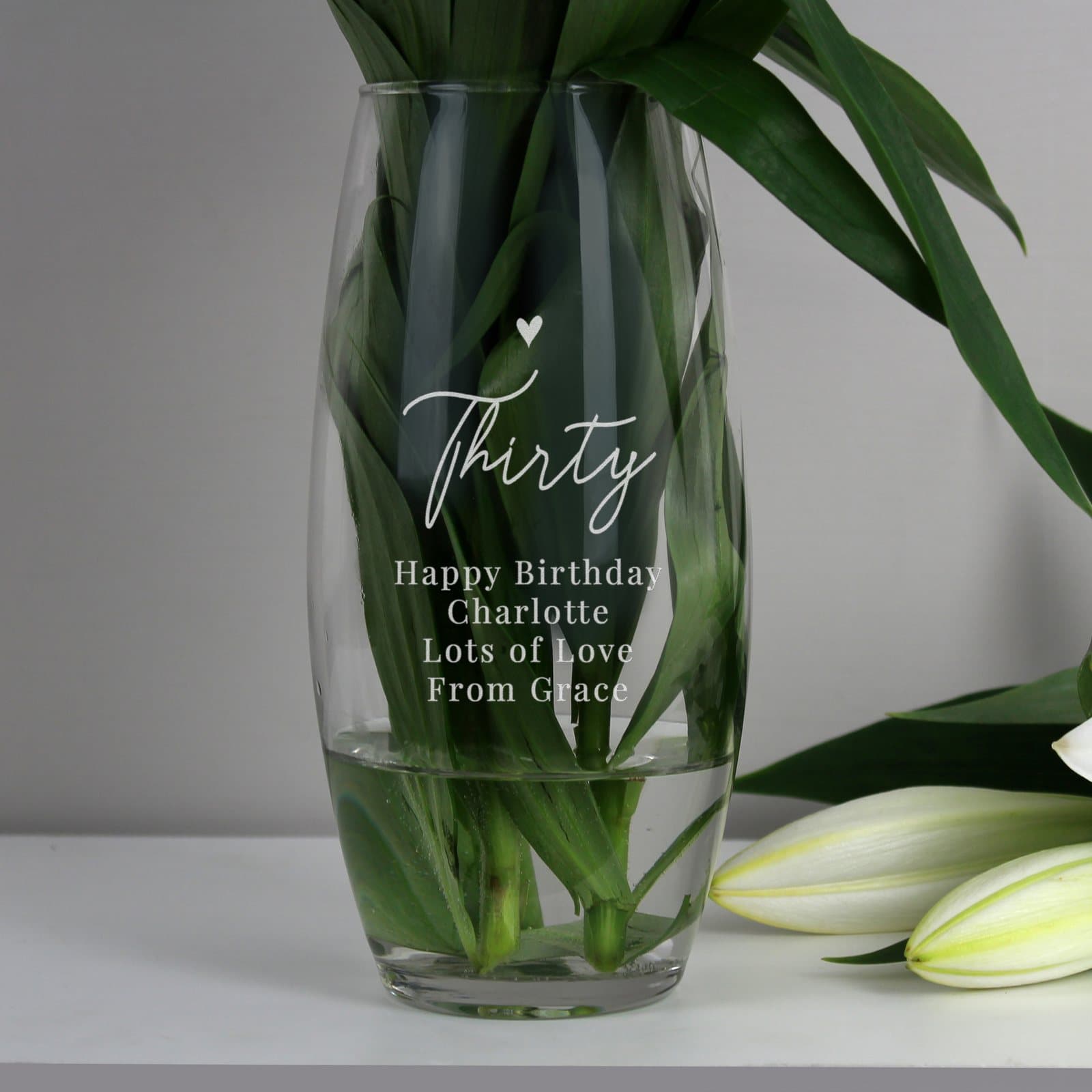 Glass bullet vase with personalised age and message