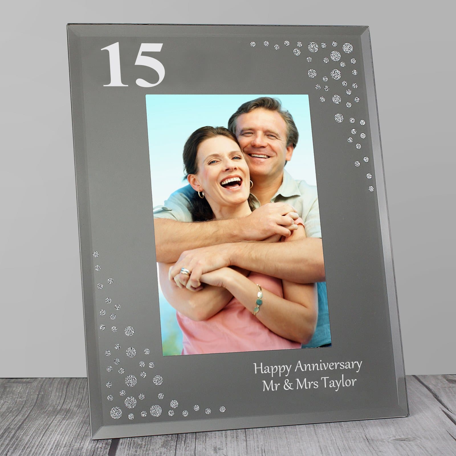 Diamante effect mirrored glass photo frame with a stand, showing a big age and message