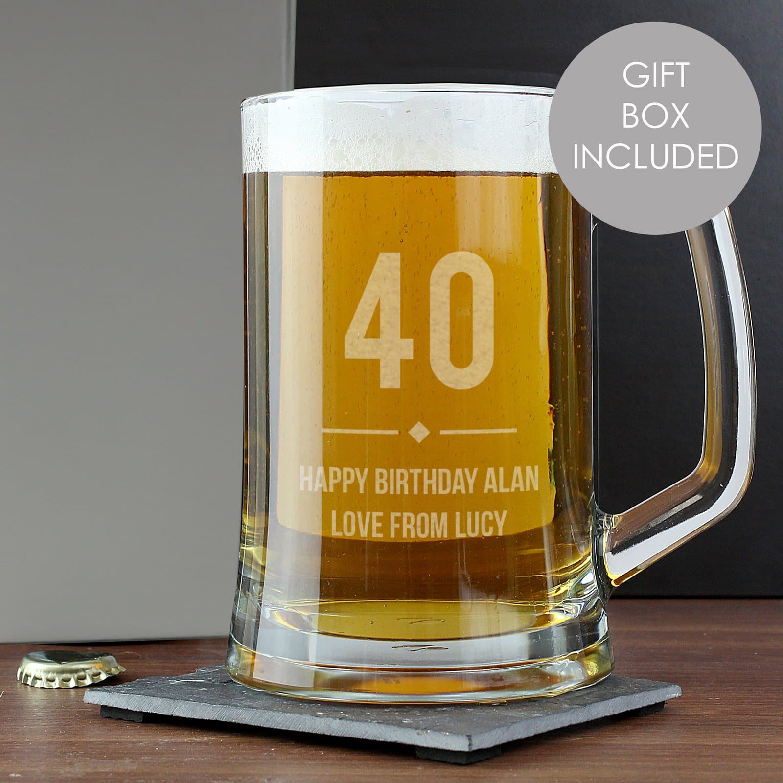 Glass pint stern tankard with a big age number and message