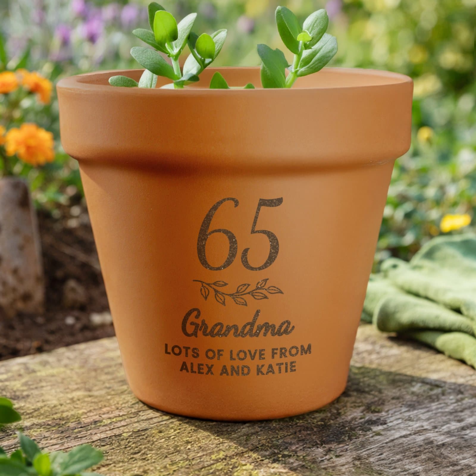 Terracotta plant pot engraved with a big age and personalised lines of text