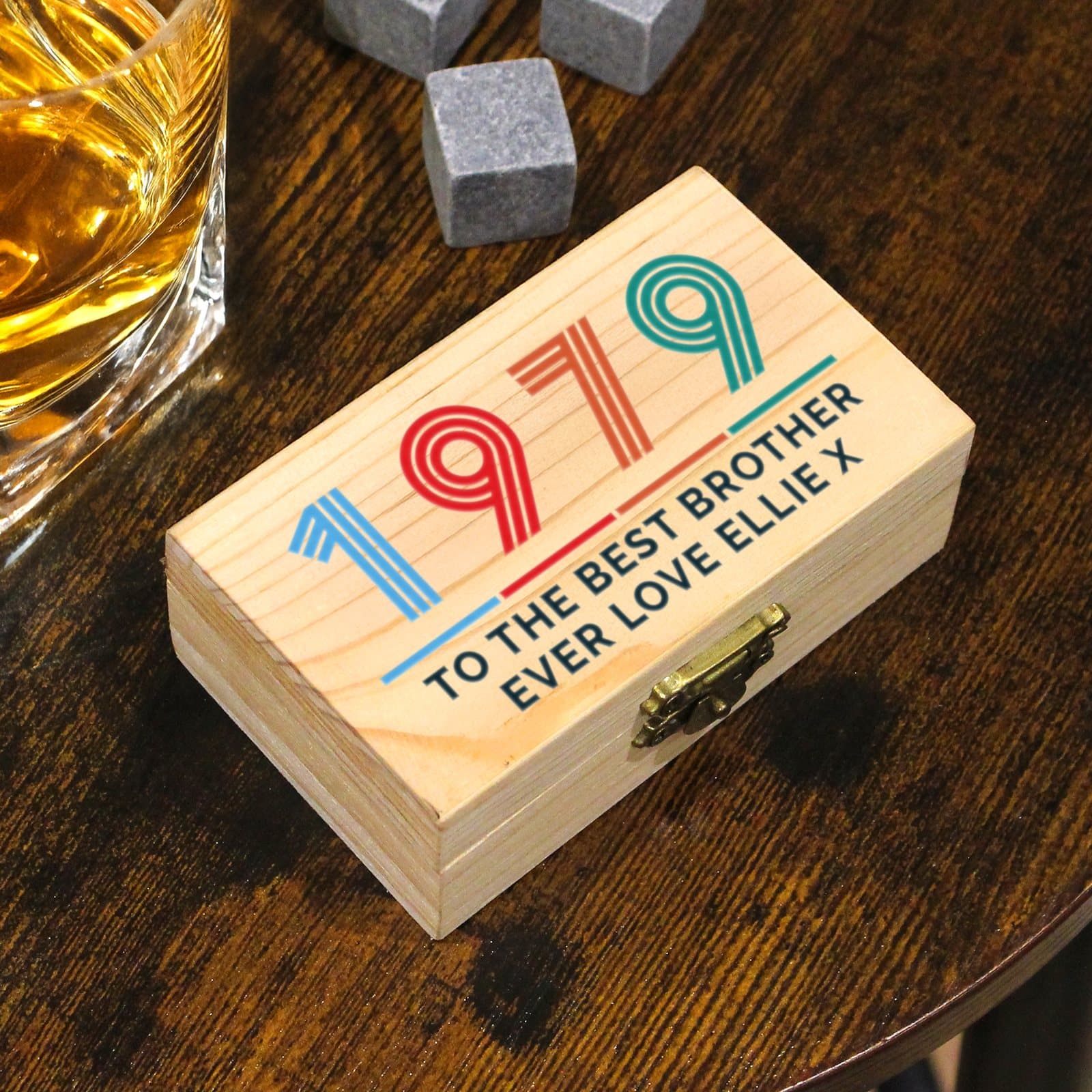 Whisky stones in a wooden clasp locked box personalised with a year