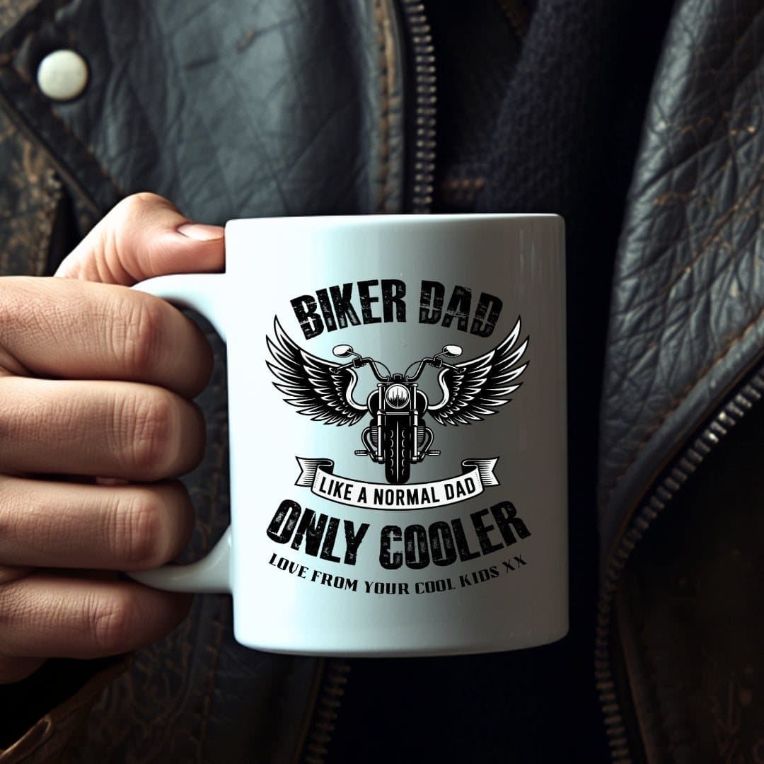 Ceramic biker dad mug with a dad design printed on both sides