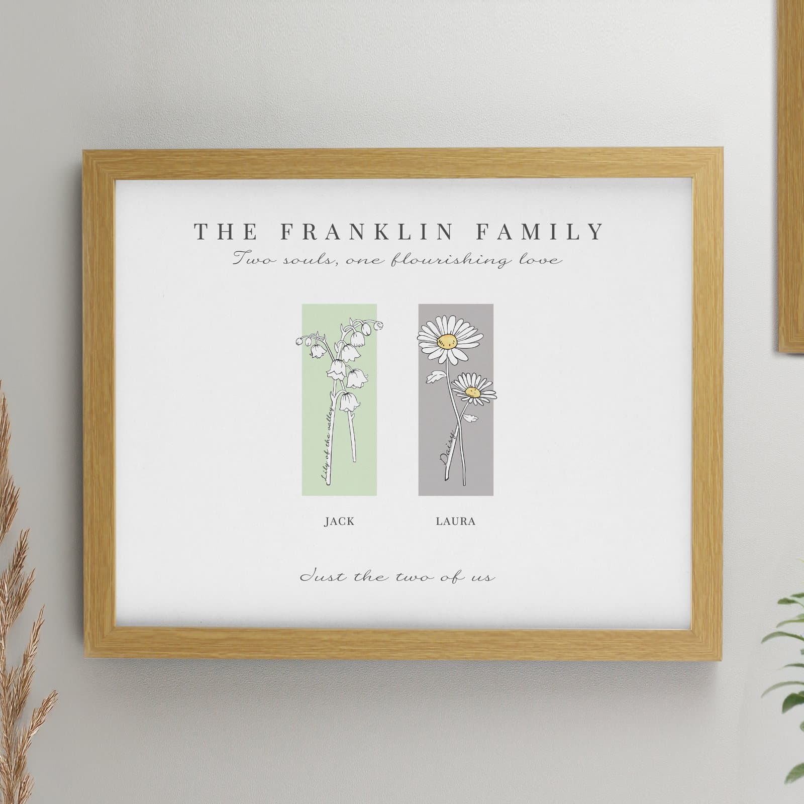 Oak framed print with two birth flowers, two names and a personalised message