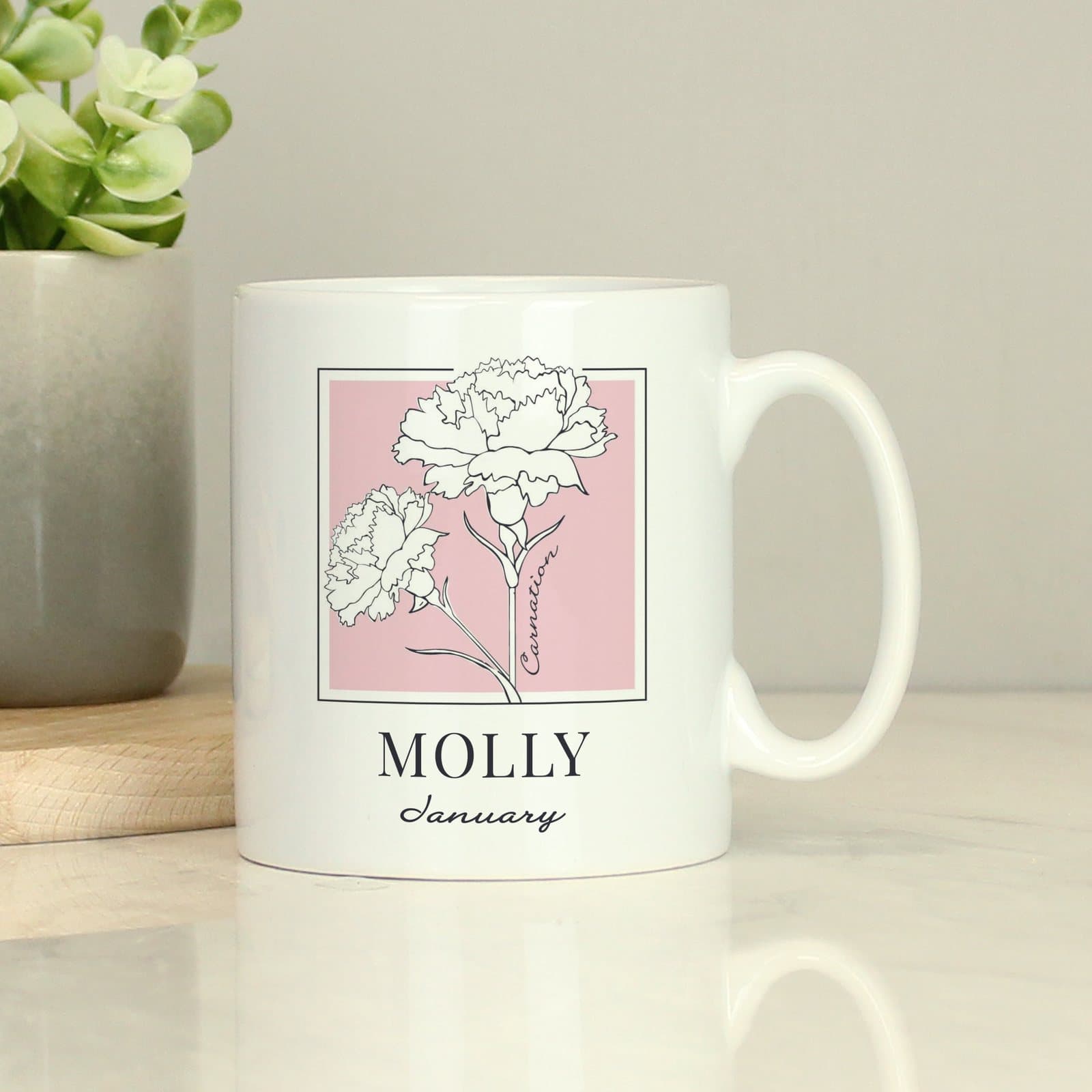 Personalised birth flower ceramic mug with colourful flower illustration
