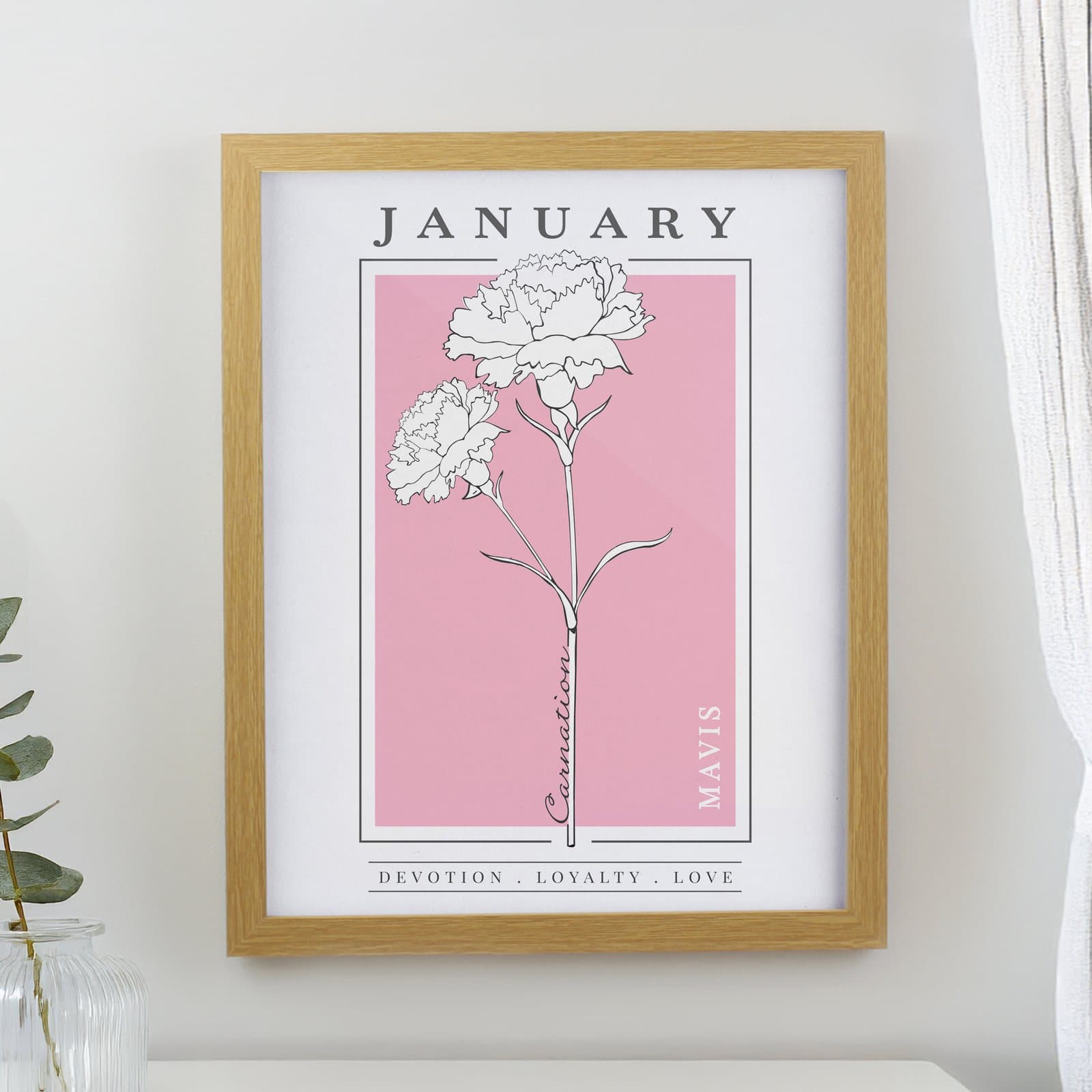 Oak framed print with a colourful birth flower, name and message line