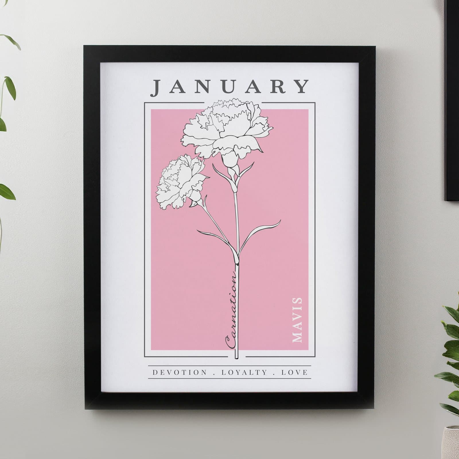 Framed print with a colourful birth flower, name and message line