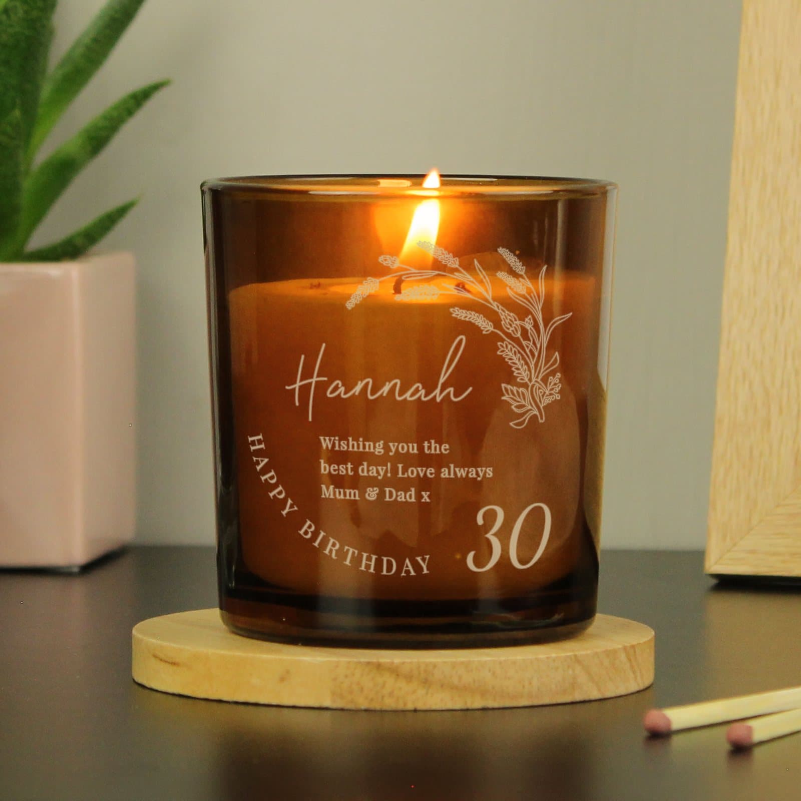 Amber glass birthday candle jar with name, big age and curved text