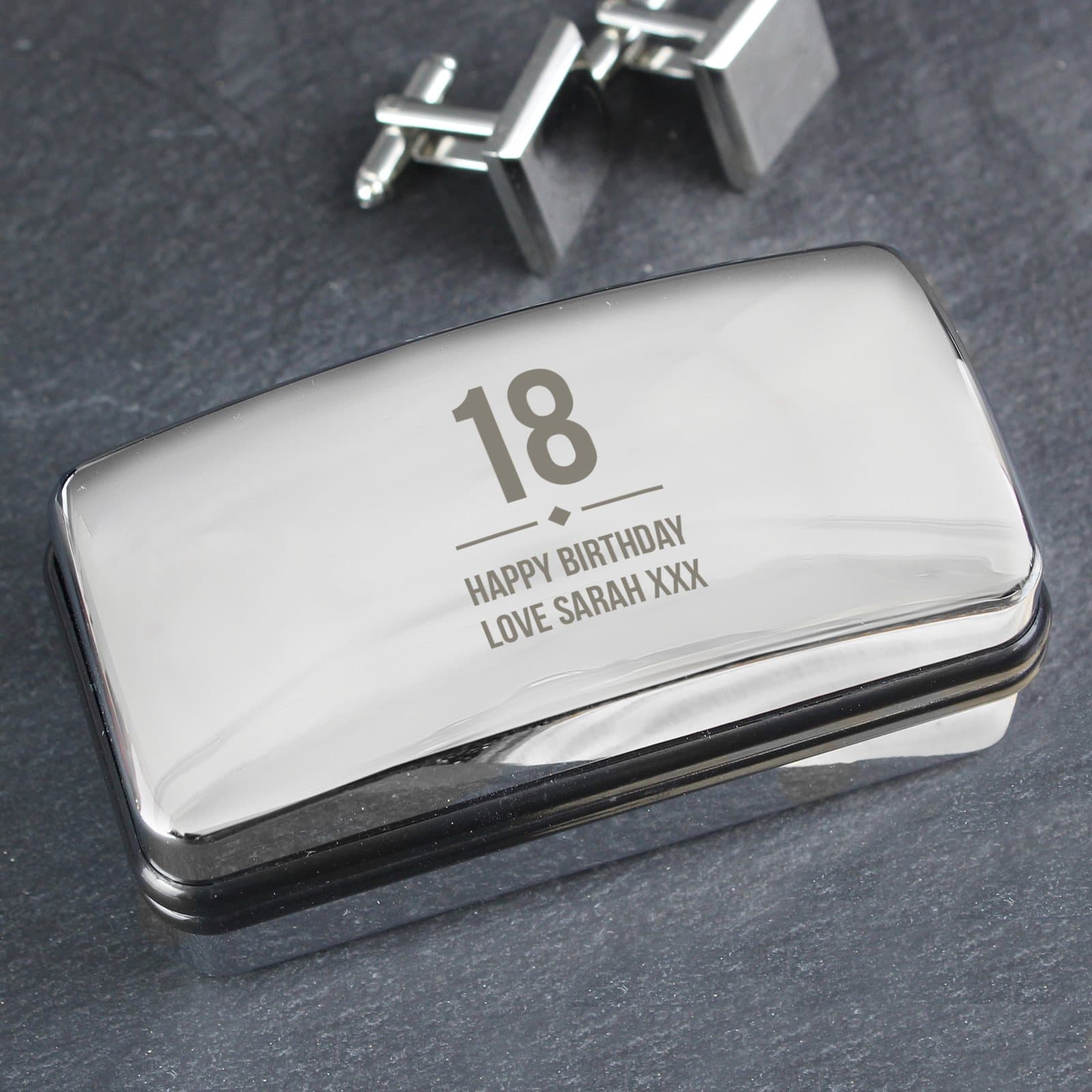 Personalised chrome plated cufflink box with a big age