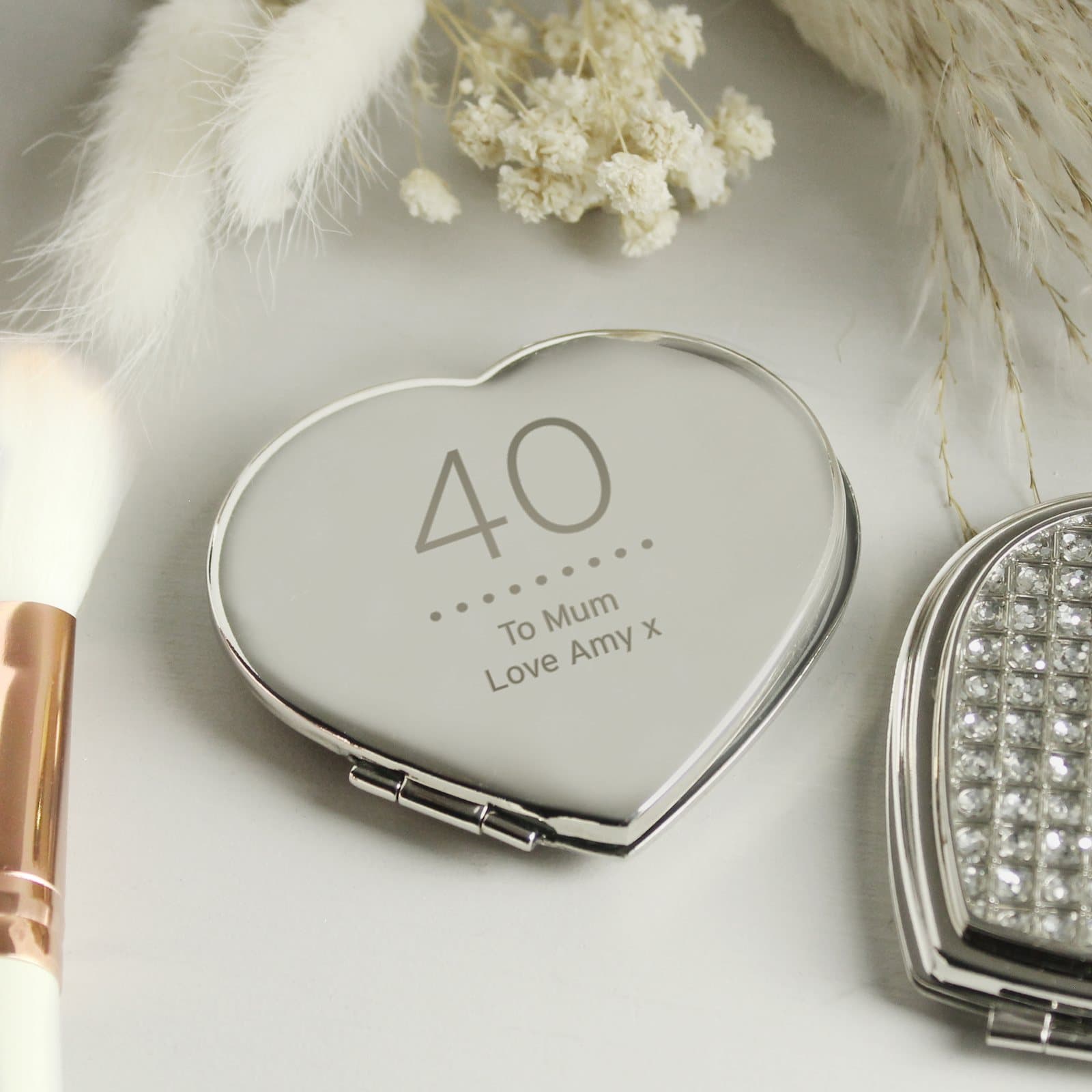 Personalised diamante heart compact mirror with a big age