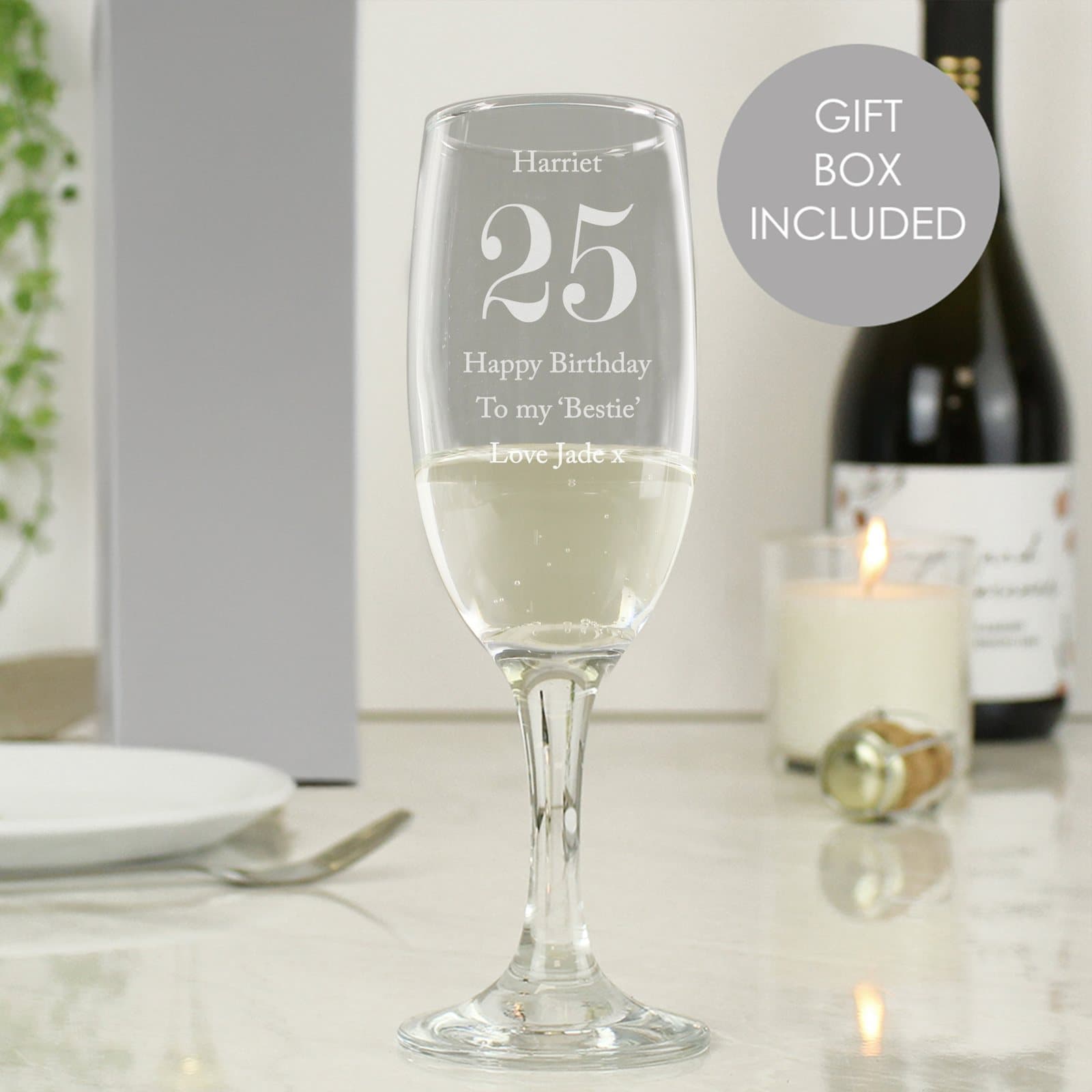 Personalised birthday flute glass with a big age, name and message