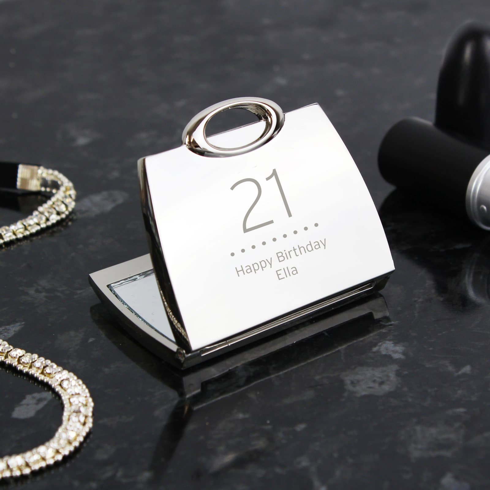 Personalised big age handbag compact mirror, nickel plated
