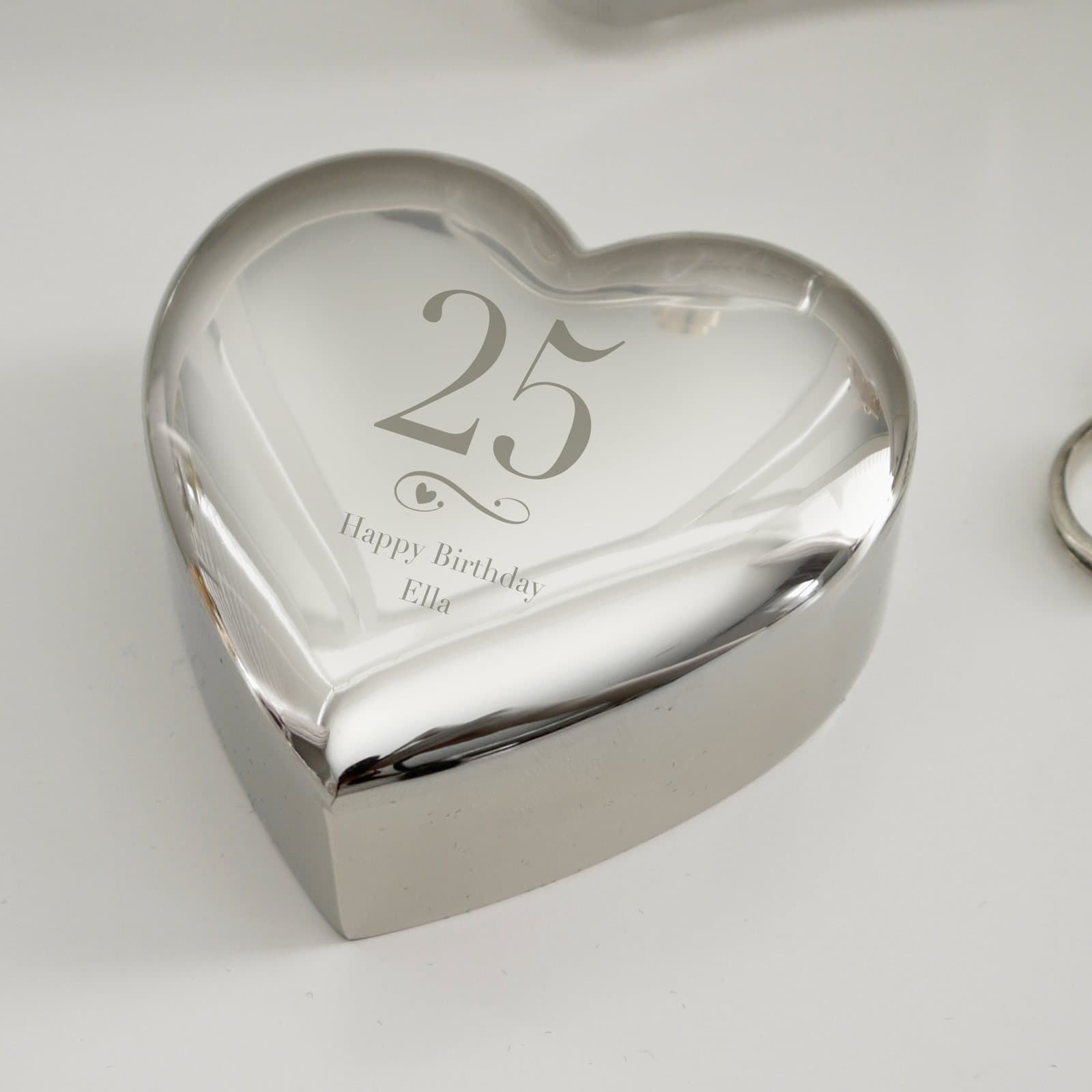 Personalised nickel plated heart trinket box with a big age