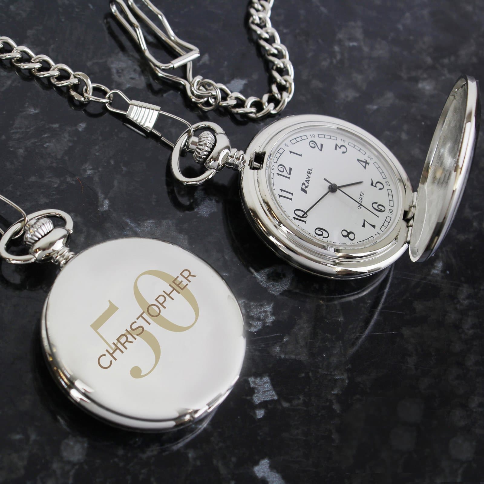 Chrome plated pocket fob watch with chain, personalised with a big age and name
